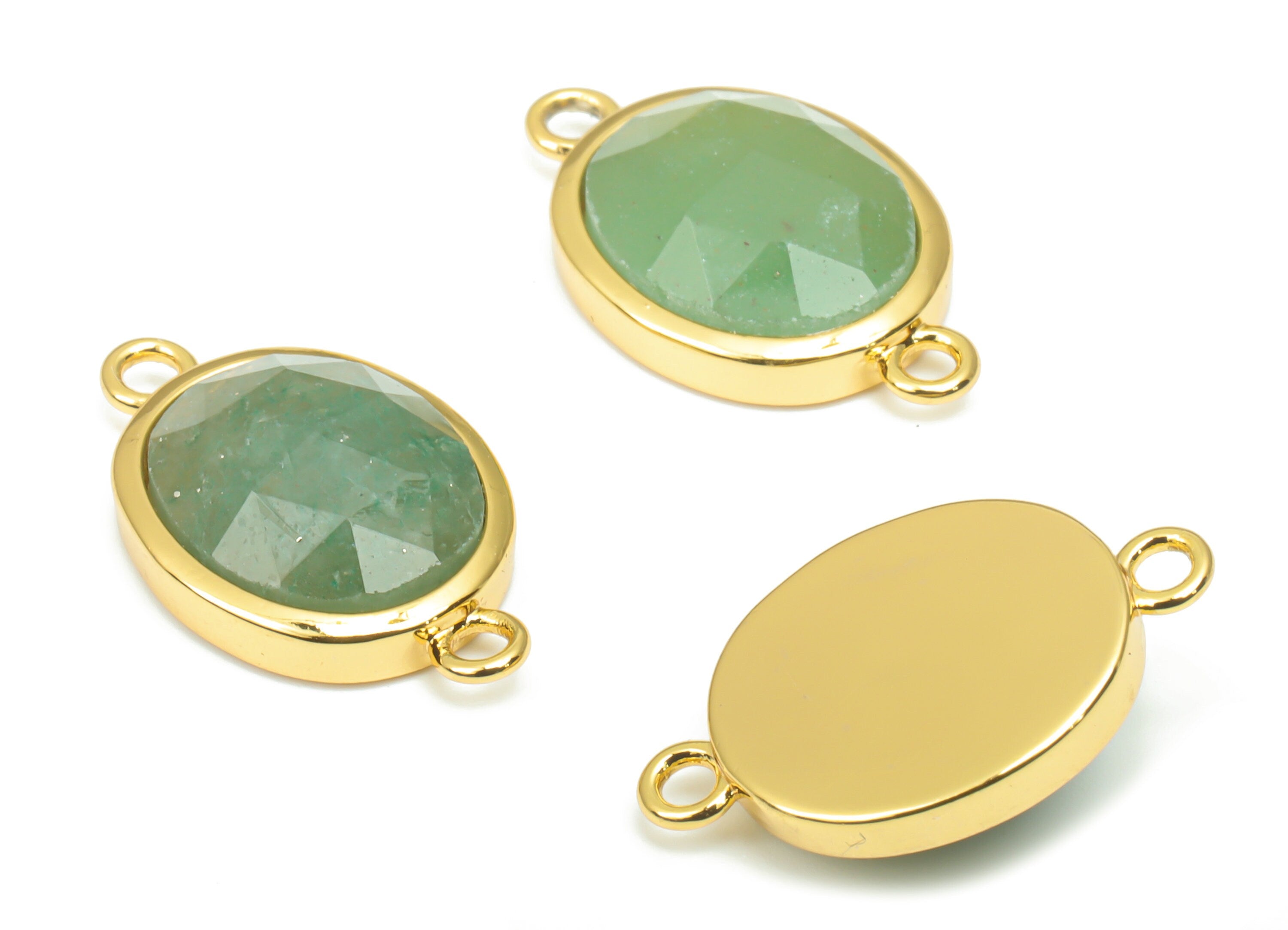 Aventurine Faceted Oval Earring Connectors - 10x12mm Natural Stone - Brass Oval Charms - Gold Tone Plated Brass – 18.15x10.95x4.7mm– NS1671G - DOMEDBAZAAR