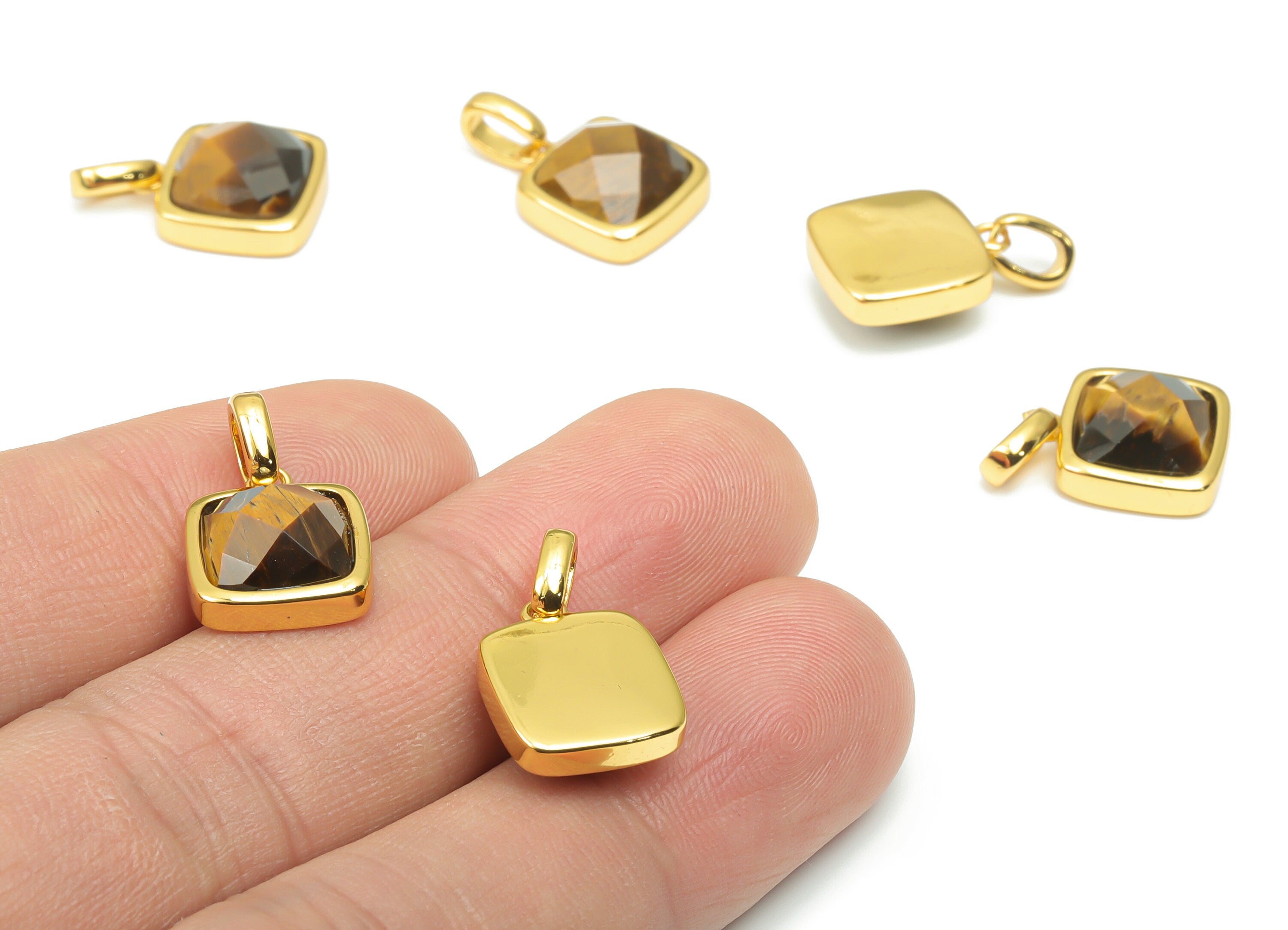 Tiger's-eye Faceted Square Earring Charms - 11mm Natural Stone - Brass Square Pendant - Gold Tone Plated Brass – 18.84x11.65x5.8mm – NS1672F - DOMEDBAZAAR