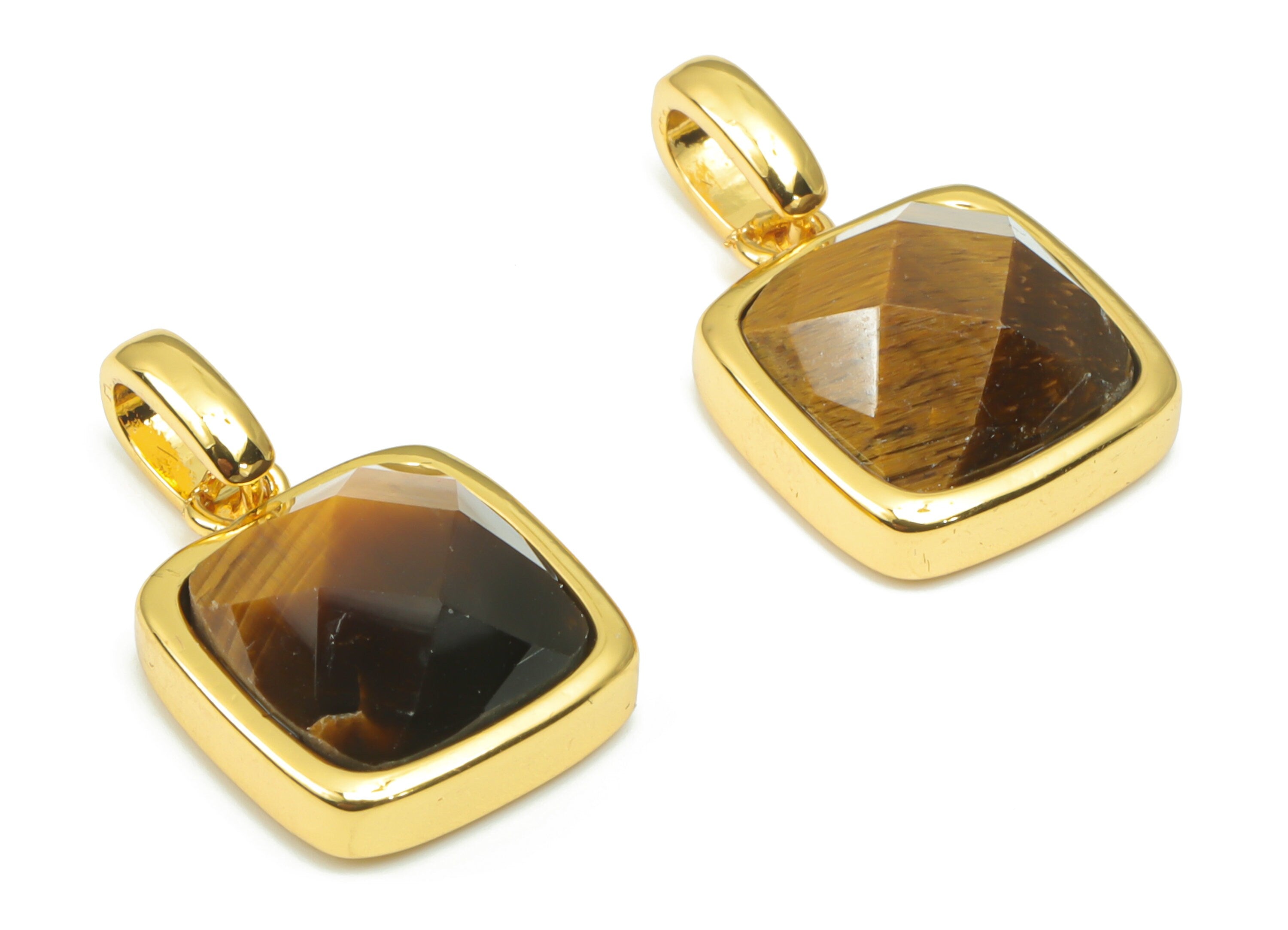 Tiger's-eye Faceted Square Earring Charms - 11mm Natural Stone - Brass Square Pendant - Gold Tone Plated Brass – 18.84x11.65x5.8mm – NS1672F - DOMEDBAZAAR