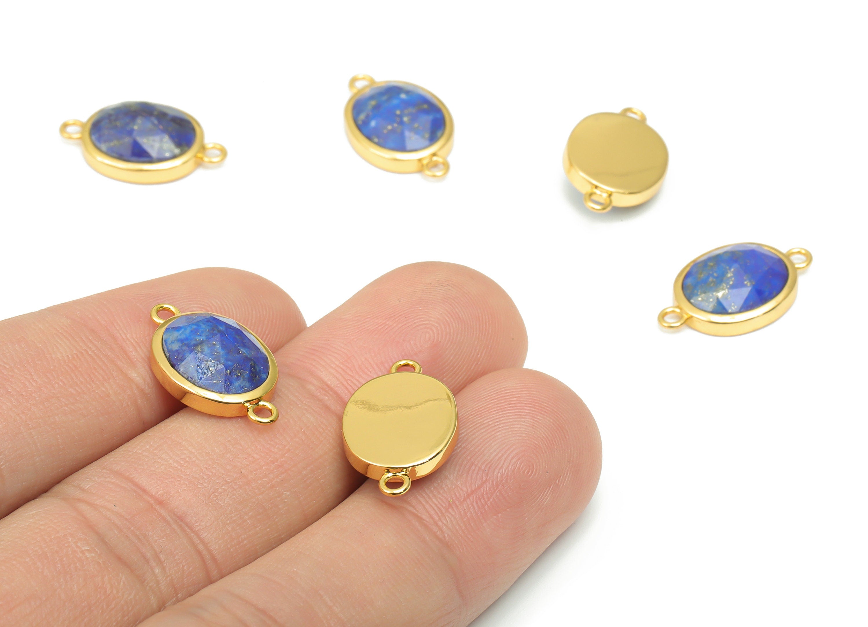 Lapis Lazuli Faceted Oval Connectors - 10x12mm Natural Stone - Brass Oval Charms - Gold Tone Plated Brass – 18.15x10.95x4.7mm – NS1671A - DOMEDBAZAAR