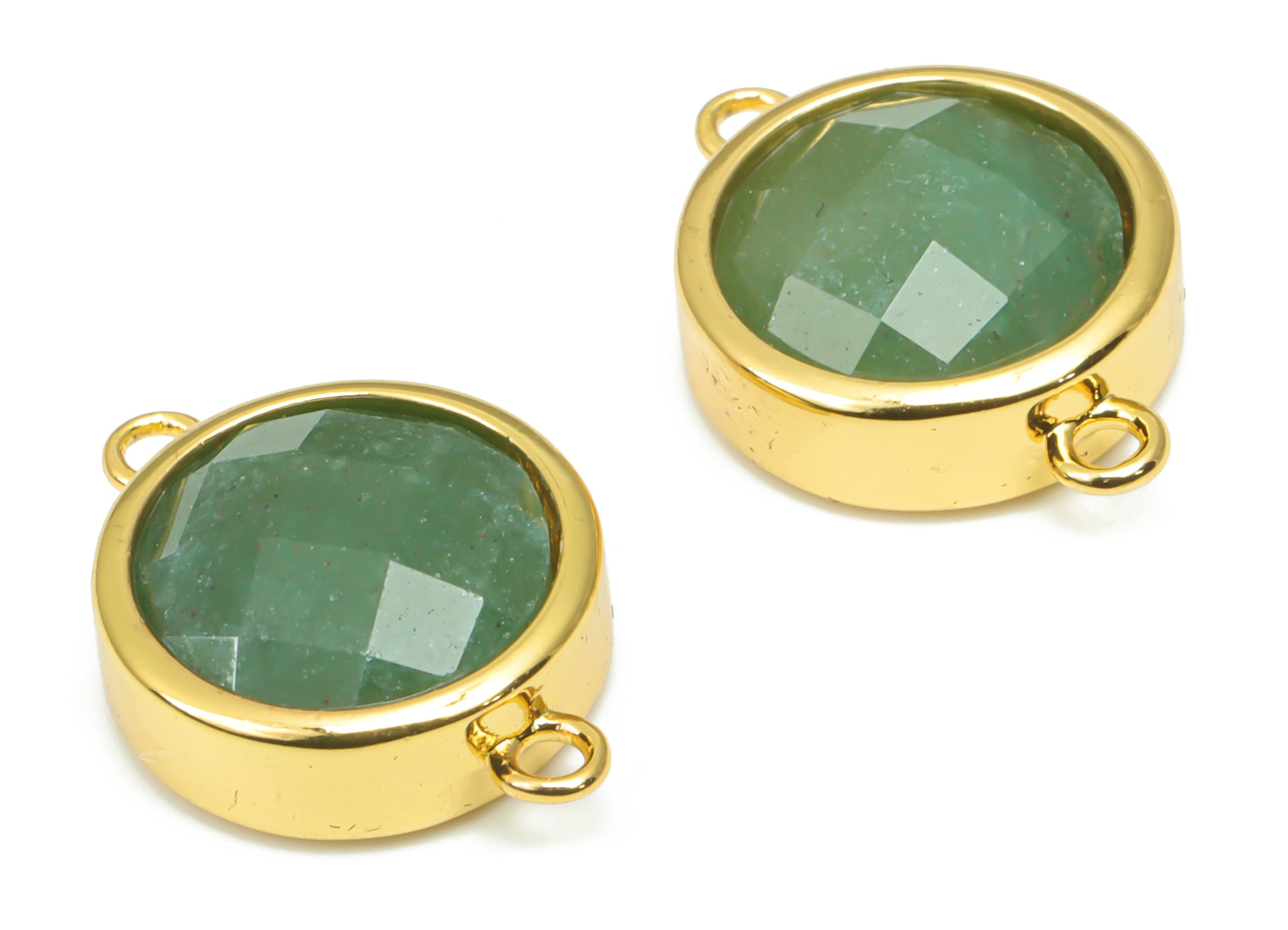 Aventurine Faceted Round Connectors - 10mm Natural Stone - Brass Circle Charms - Gold Tone Plated Brass – 17.68x12.83x6.04mm – NS1667G - DOMEDBAZAAR