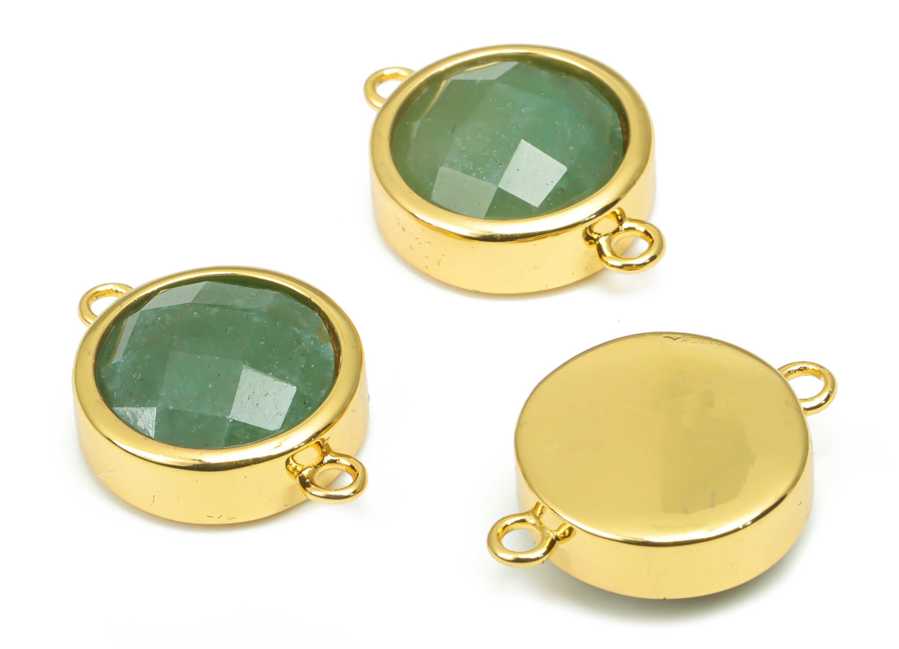 Aventurine Faceted Round Connectors - 10mm Natural Stone - Brass Circle Charms - Gold Tone Plated Brass – 17.68x12.83x6.04mm – NS1667G - DOMEDBAZAAR