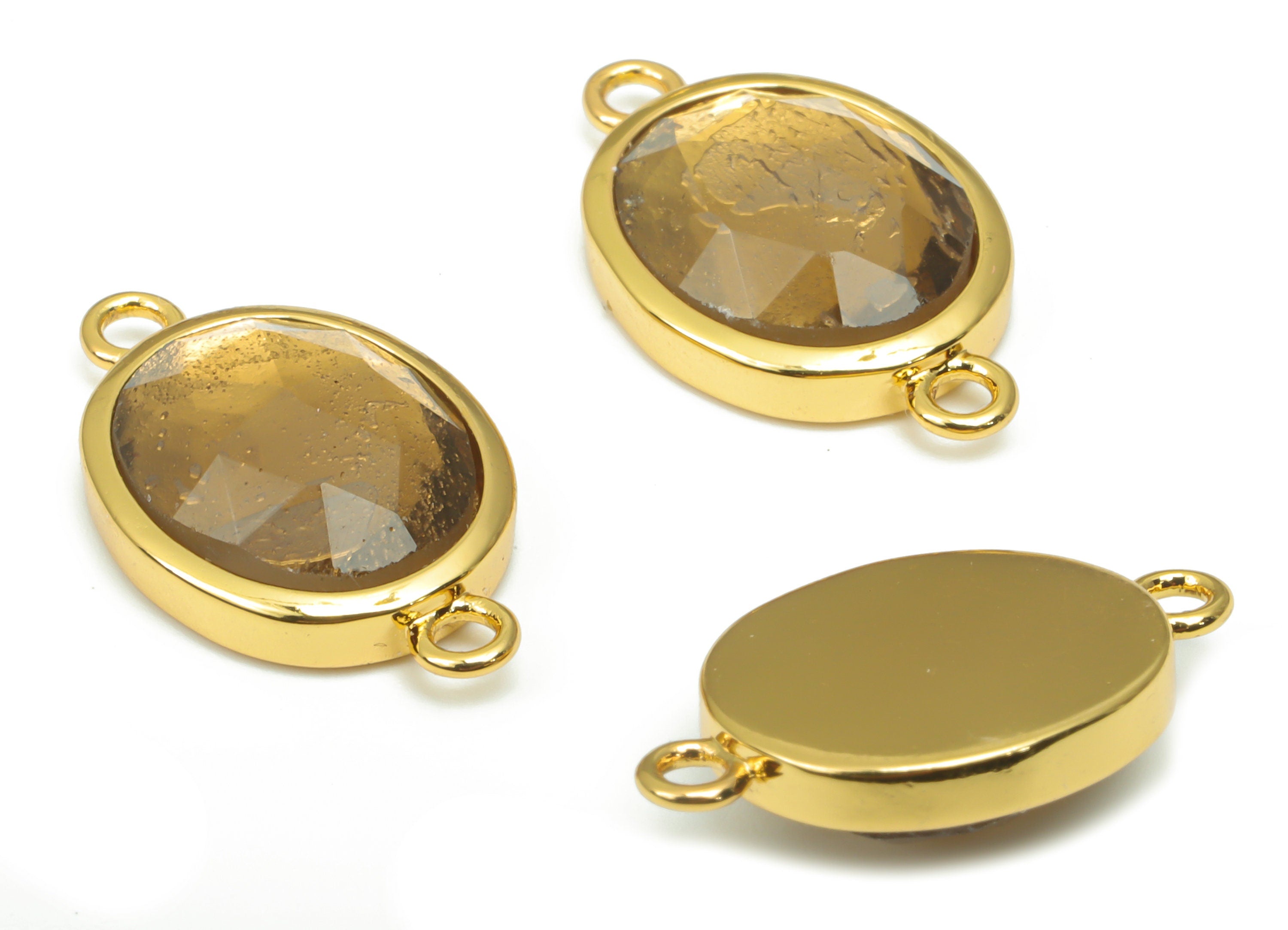 Smoky Quartz Faceted Oval Connectors - 10x12mm Natural Stone - Brass Oval Charms - Gold Tone Plated Brass – 18.15x10.95x4.7mm – NS1671H - DOMEDBAZAAR