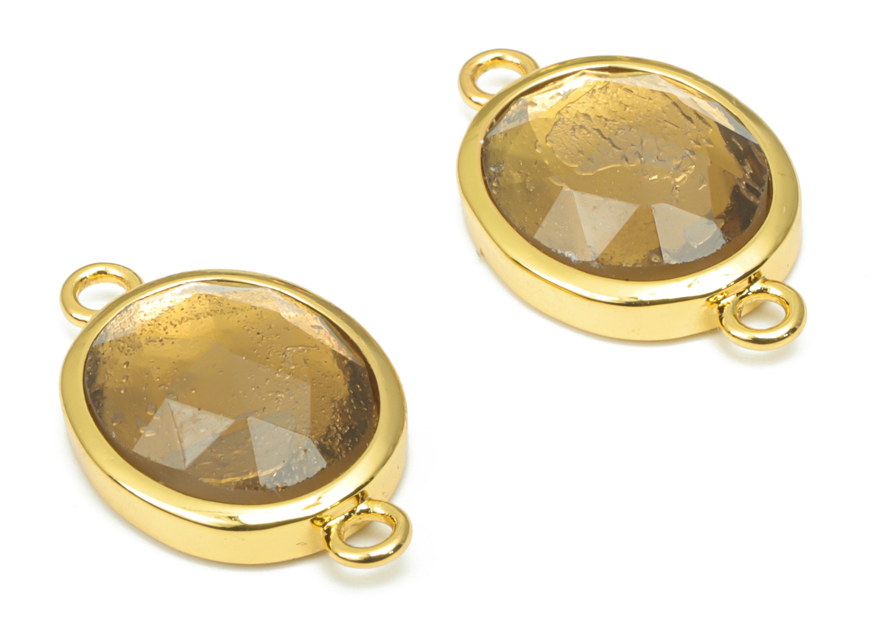 Smoky Quartz Faceted Oval Connectors - 10x12mm Natural Stone - Brass Oval Charms - Gold Tone Plated Brass – 18.15x10.95x4.7mm – NS1671H - DOMEDBAZAAR
