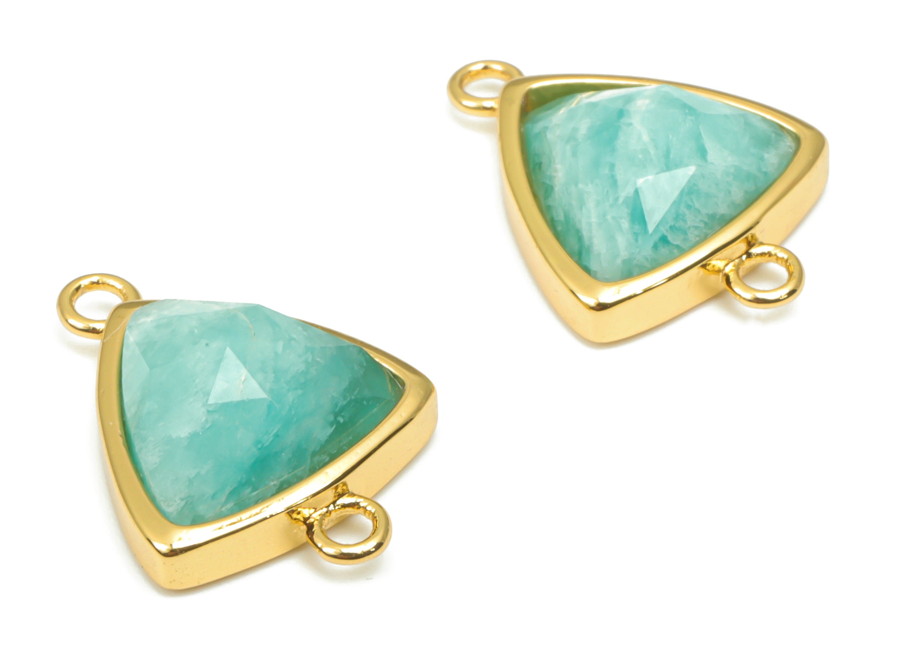 Amazonite Faceted Triangle Connector - 11mm Natural Stone - Brass Triangle Charms - Gold Tone Plated Brass – 16.9x12.3x5.7mm – NS1669J - DOMEDBAZAAR