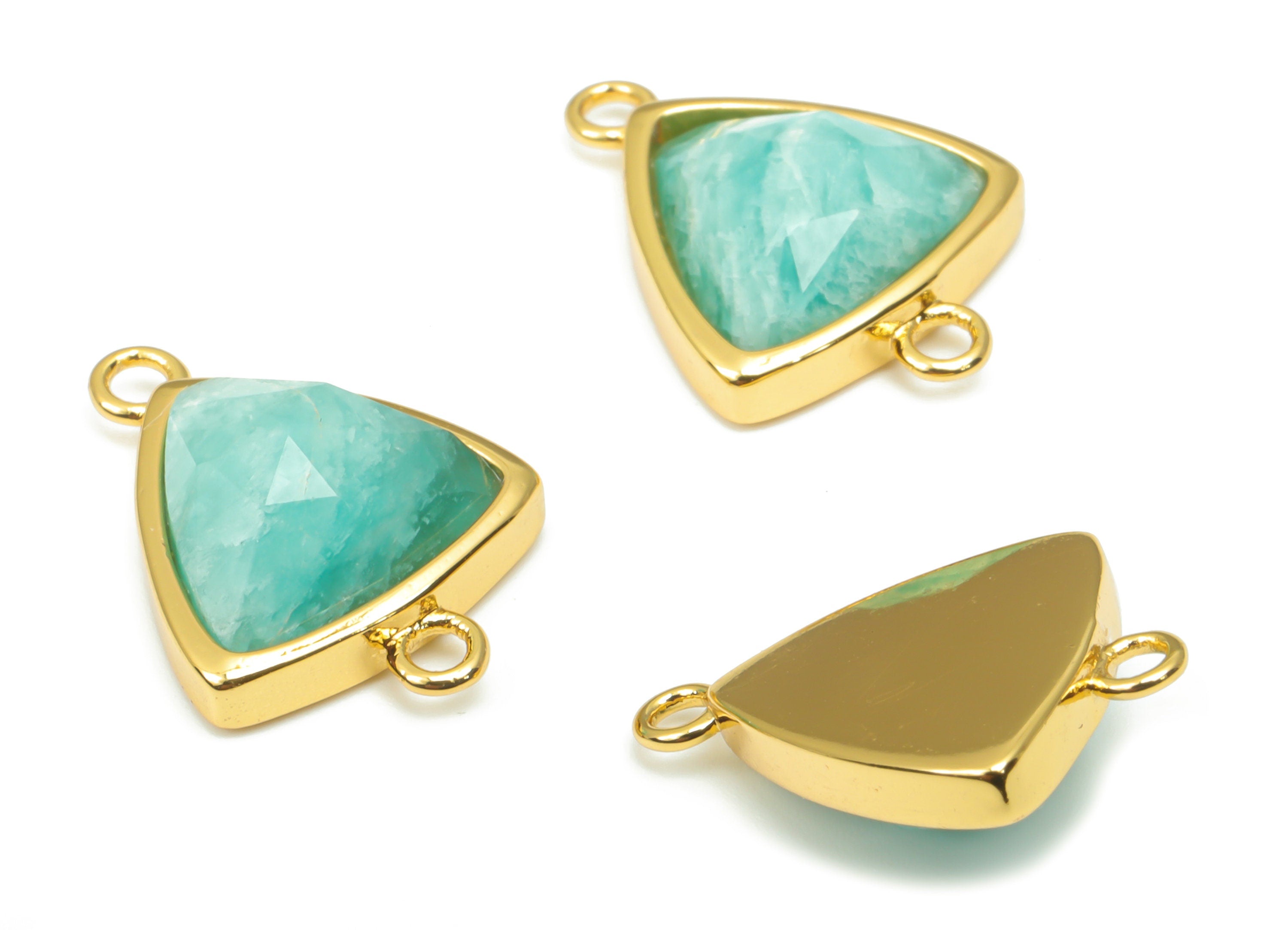 Amazonite Faceted Triangle Connector - 11mm Natural Stone - Brass Triangle Charms - Gold Tone Plated Brass – 16.9x12.3x5.7mm – NS1669J - DOMEDBAZAAR
