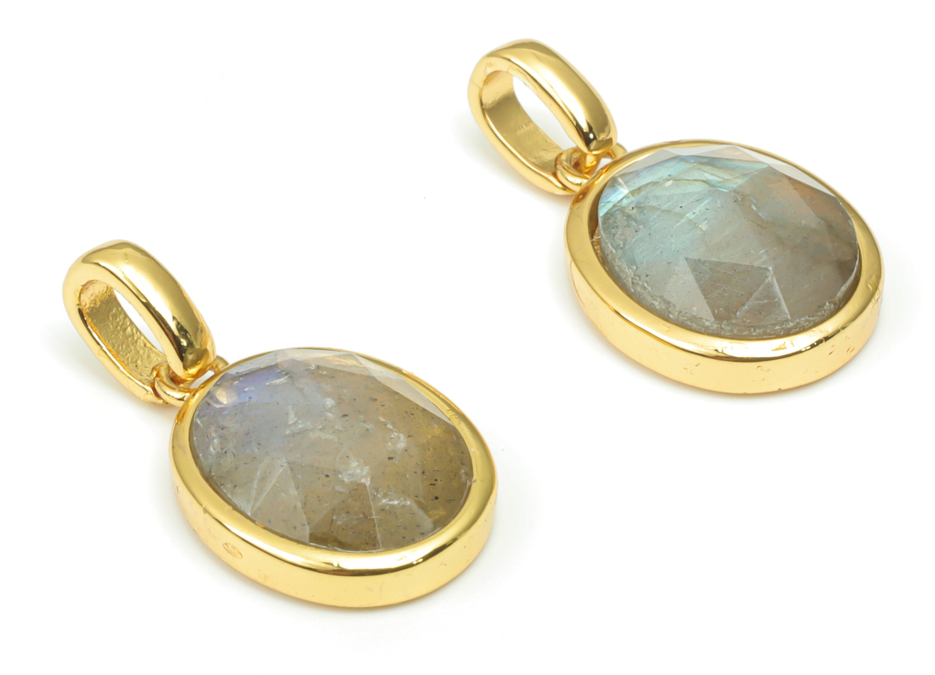 Labradorite Faceted Oval Charms With Loop - 10x12mm Natural Stone - Brass Oval Pendant - Gold Tone Plated Brass – 20.33x10.9x4.9mm – NS1670L - DOMEDBAZAAR