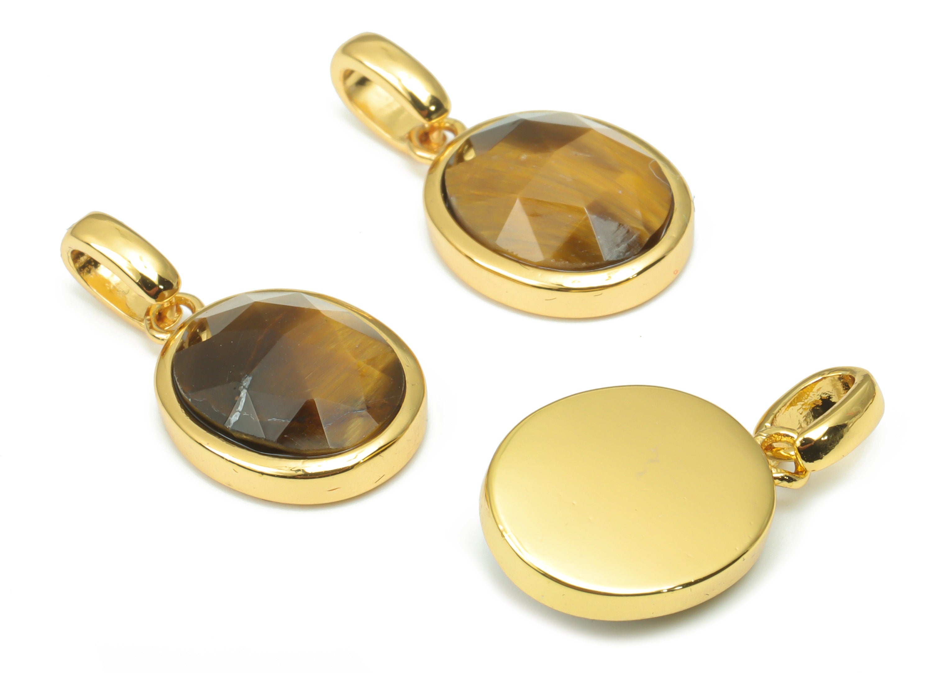 Tiger's-eye Faceted Oval Charms With Loop - 10x12mm Natural Stone - Brass Oval Pendant - Gold Tone Plated Brass – 20.33x10.9x4.9mm – NS1670F - DOMEDBAZAAR