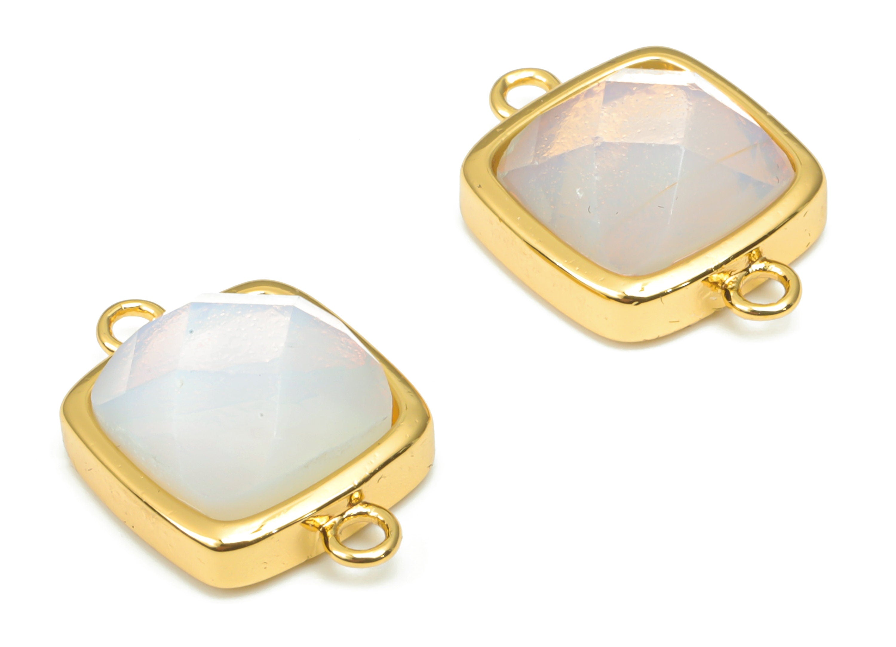 Opalite Faceted Square Earring Connectors - 11mm Natural Stone - Brass Square Charms - Gold Tone Plated Brass – 16.5x11.4x5.9mm – NS1673E - DOMEDBAZAAR