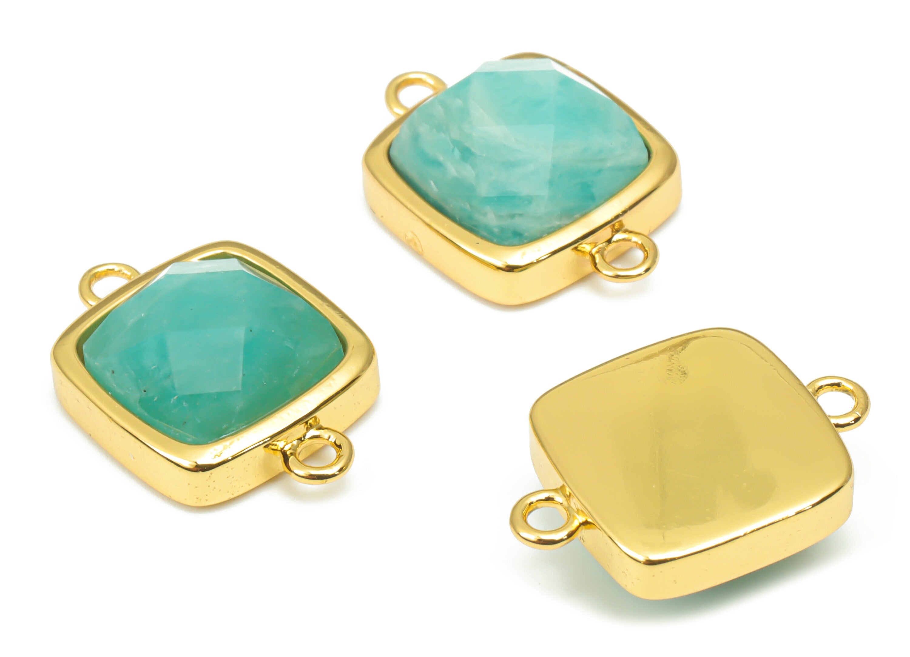 Amazonite Faceted Square Earring Connectors - 11mm Natural Stone - Brass Square Charms - Gold Tone Plated Brass – 16.5x11.44x5.9mm – NS1673J - DOMEDBAZAAR