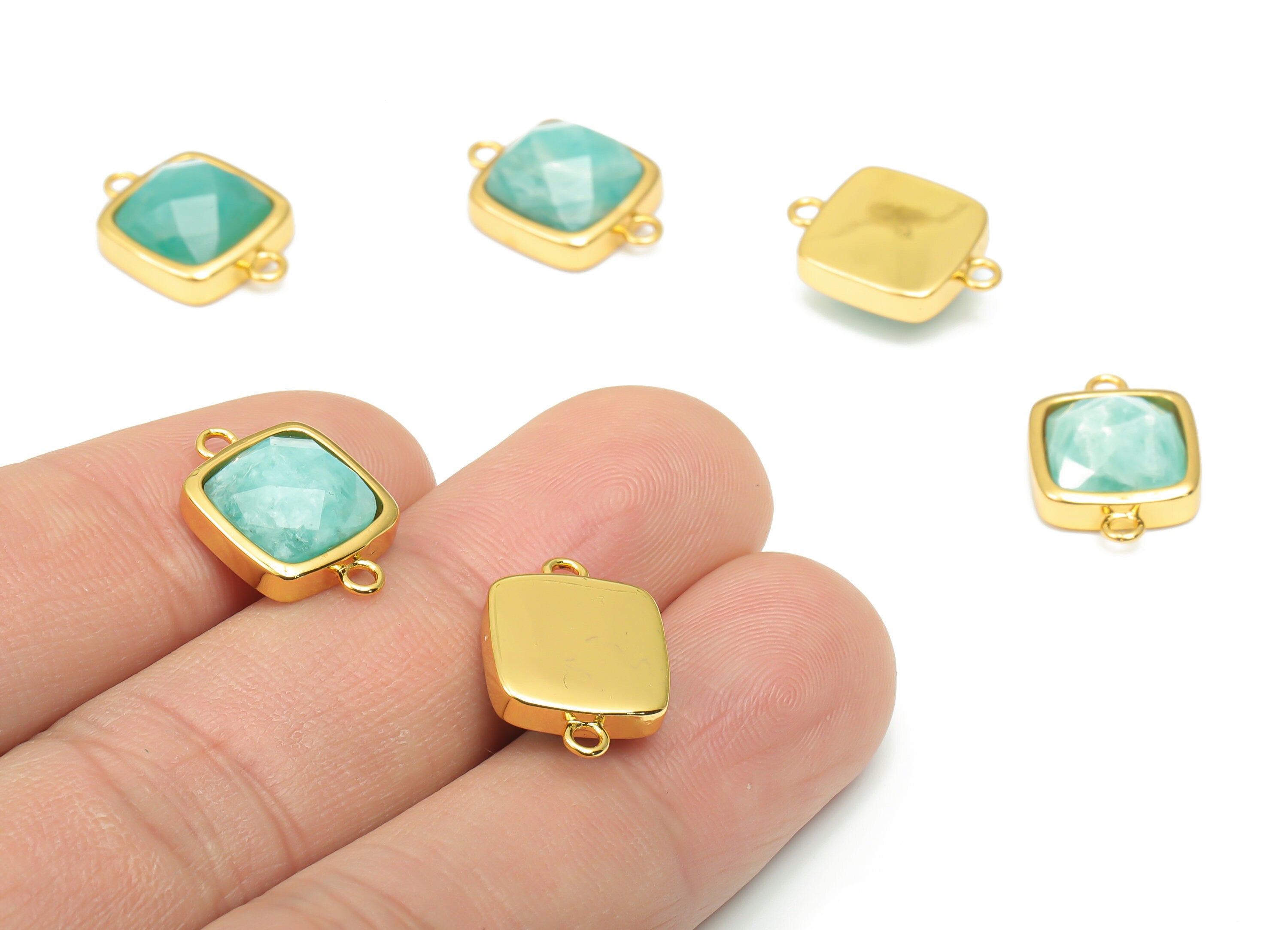 Amazonite Faceted Square Earring Connectors - 11mm Natural Stone - Brass Square Charms - Gold Tone Plated Brass – 16.5x11.44x5.9mm – NS1673J - DOMEDBAZAAR