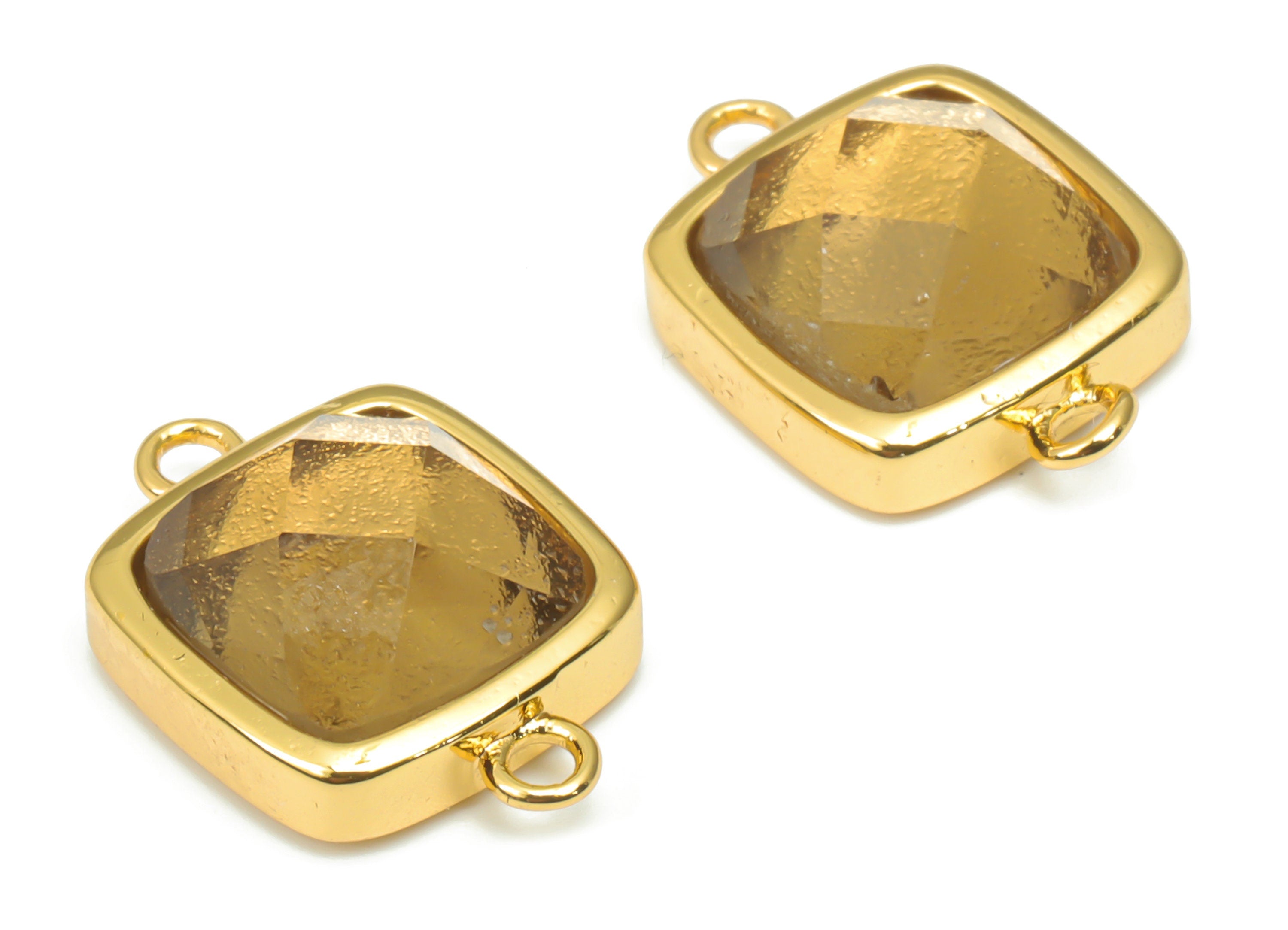 Smoky Quartz Faceted Square Earring Connectors - 11mm Natural Stone - Brass Square Charms - Gold Tone Plated Brass – 16.5x11.4x5.9mm–NS1673H - DOMEDBAZAAR