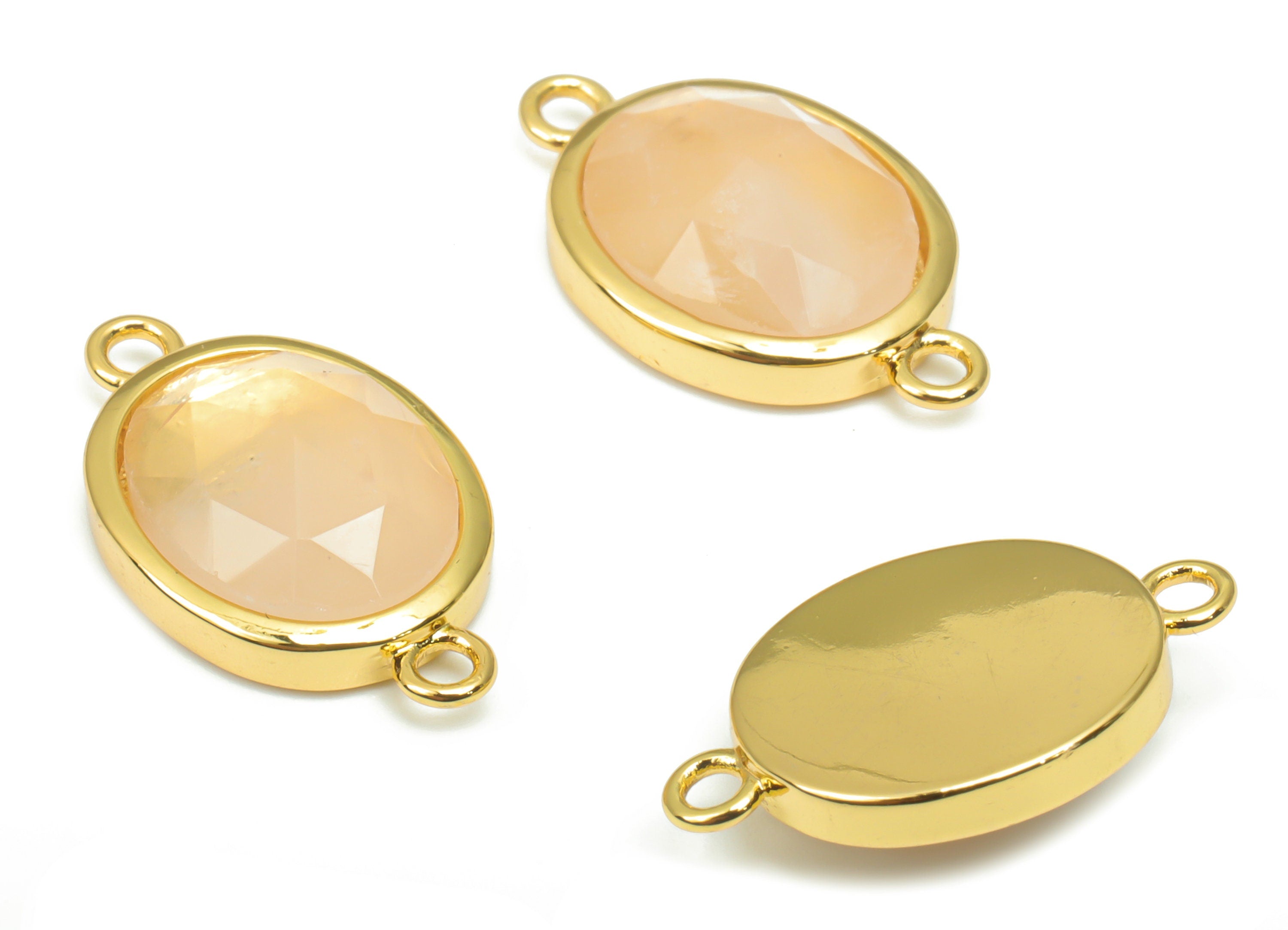 Rose Quartz Faceted Oval Connectors - 10x12mm Natural Stone - Brass Oval Charms - Gold Tone Plated Brass – 18.15x10.95x4.7mm – NS1671D - DOMEDBAZAAR