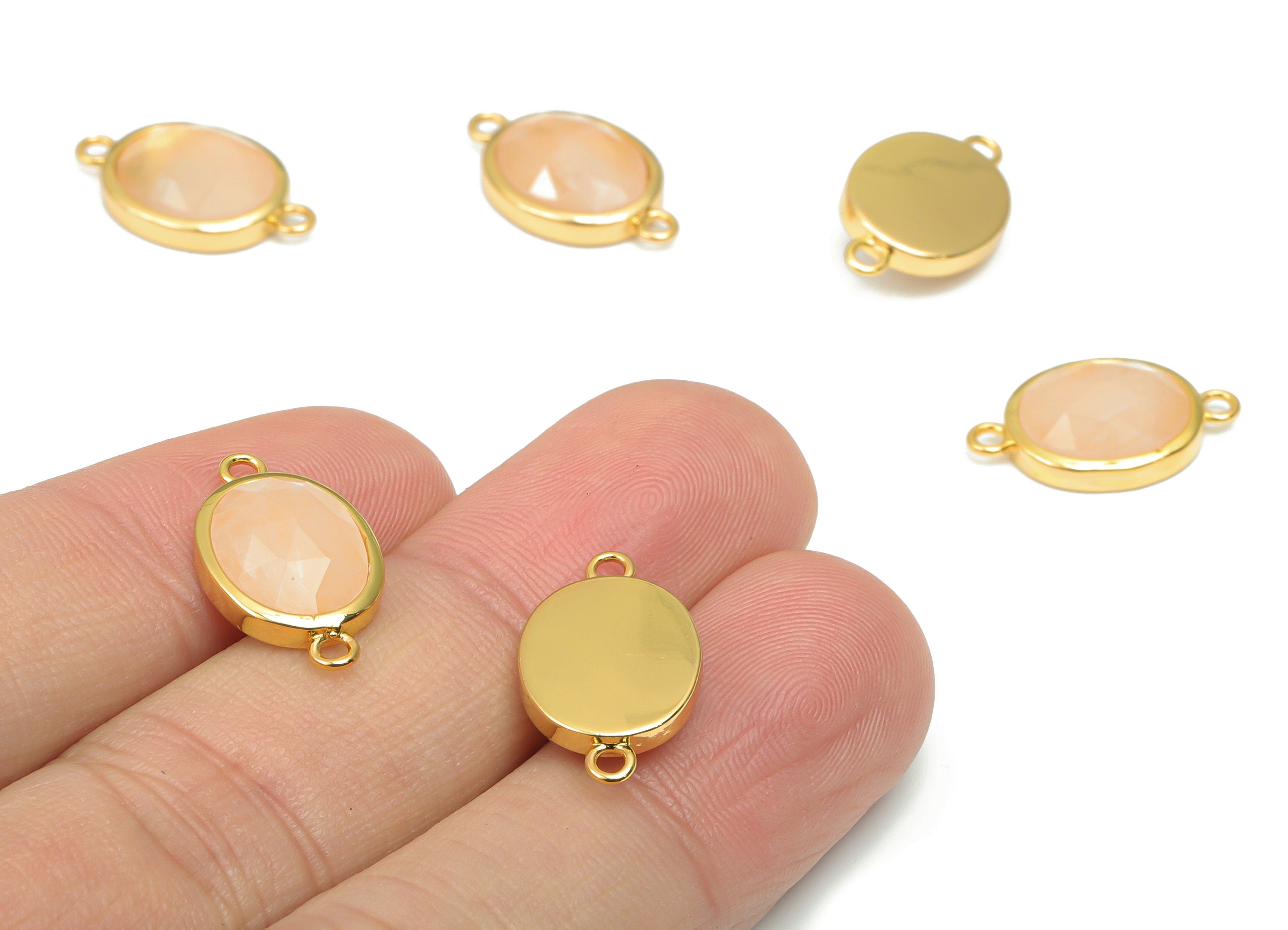 Rose Quartz Faceted Oval Connectors - 10x12mm Natural Stone - Brass Oval Charms - Gold Tone Plated Brass – 18.15x10.95x4.7mm – NS1671D - DOMEDBAZAAR