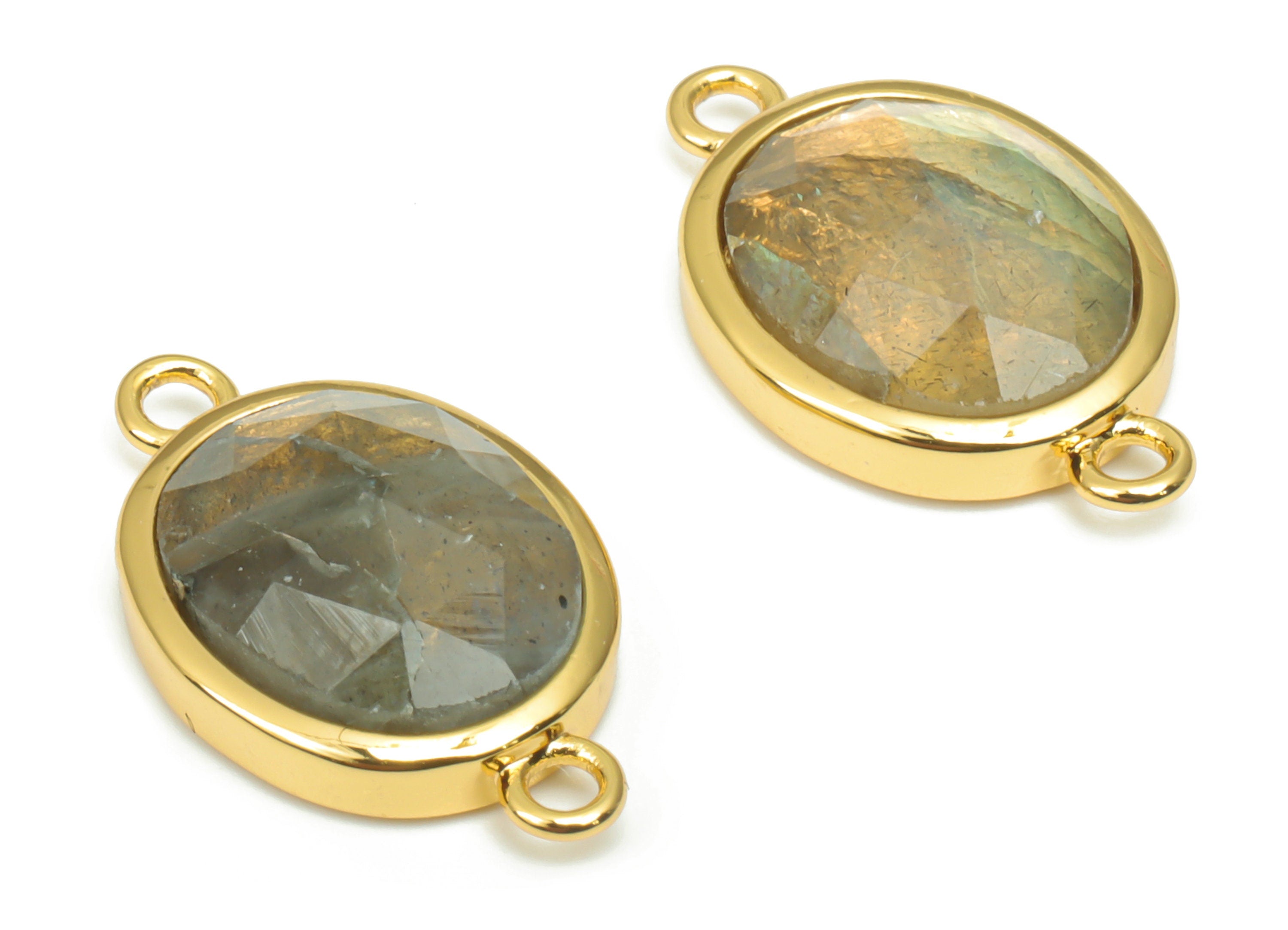 Labradorite Faceted Oval Earring Connectors - 10x12mm Natural Stone - Brass Oval Charms - Gold Tone Plated Brass – 18.15x10.95x4.7mm–NS1671L - DOMEDBAZAAR