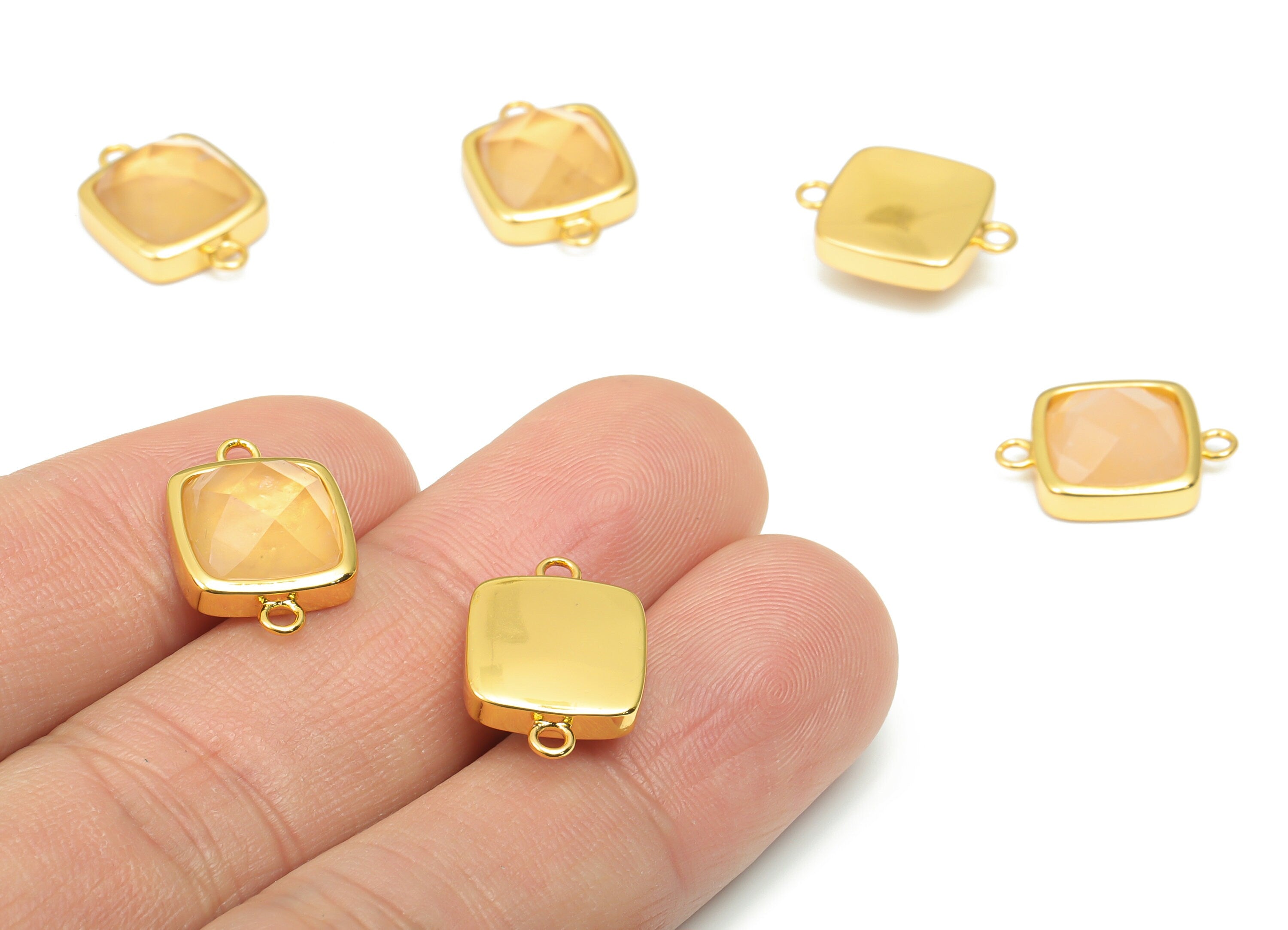 Rose Quartz Faceted Square Earring Connectors - 11mm Natural Stone - Brass Square Charms - Gold Tone Plated Brass – 16.5x11.4x5.9mm– NS1673D - DOMEDBAZAAR