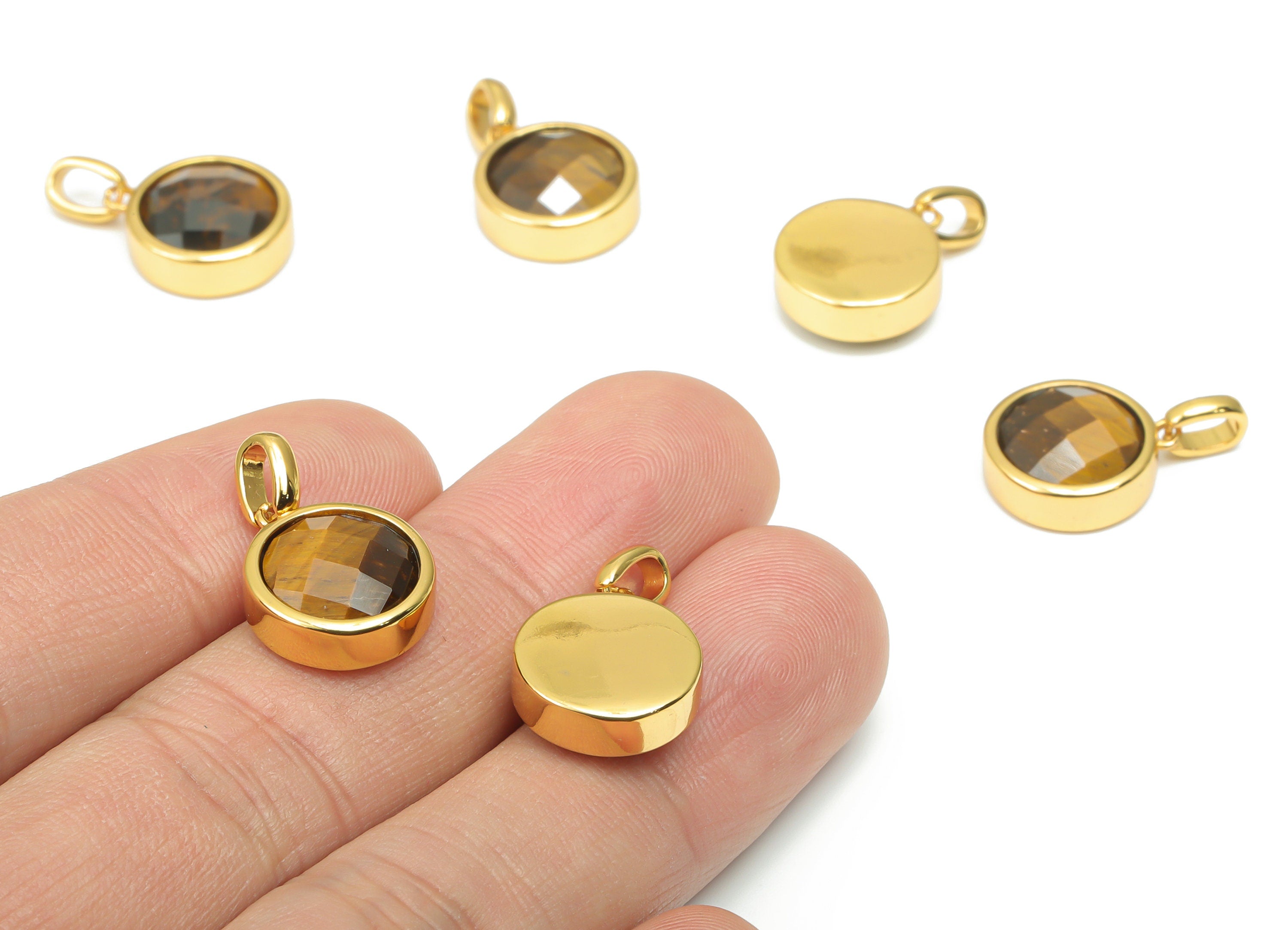Tiger eye Natural Stone Faceted Round Earring Charms With Loop - Brass Circle Pendant - Gold Tone Plated Brass – 20.07x12.71x5.9mm – NS1666E - DOMEDBAZAAR
