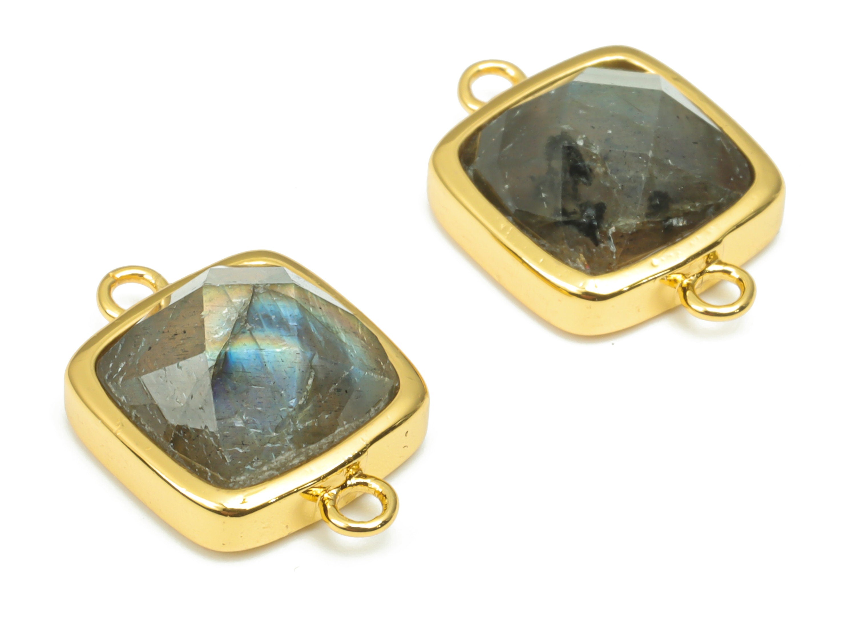 Gray Labradorite Faceted Square Connectors - 11mm Natural Stone - Brass Square Charms - Gold Tone Plated Brass – 16.5x11x5.9mm–NS1673L - DOMEDBAZAAR