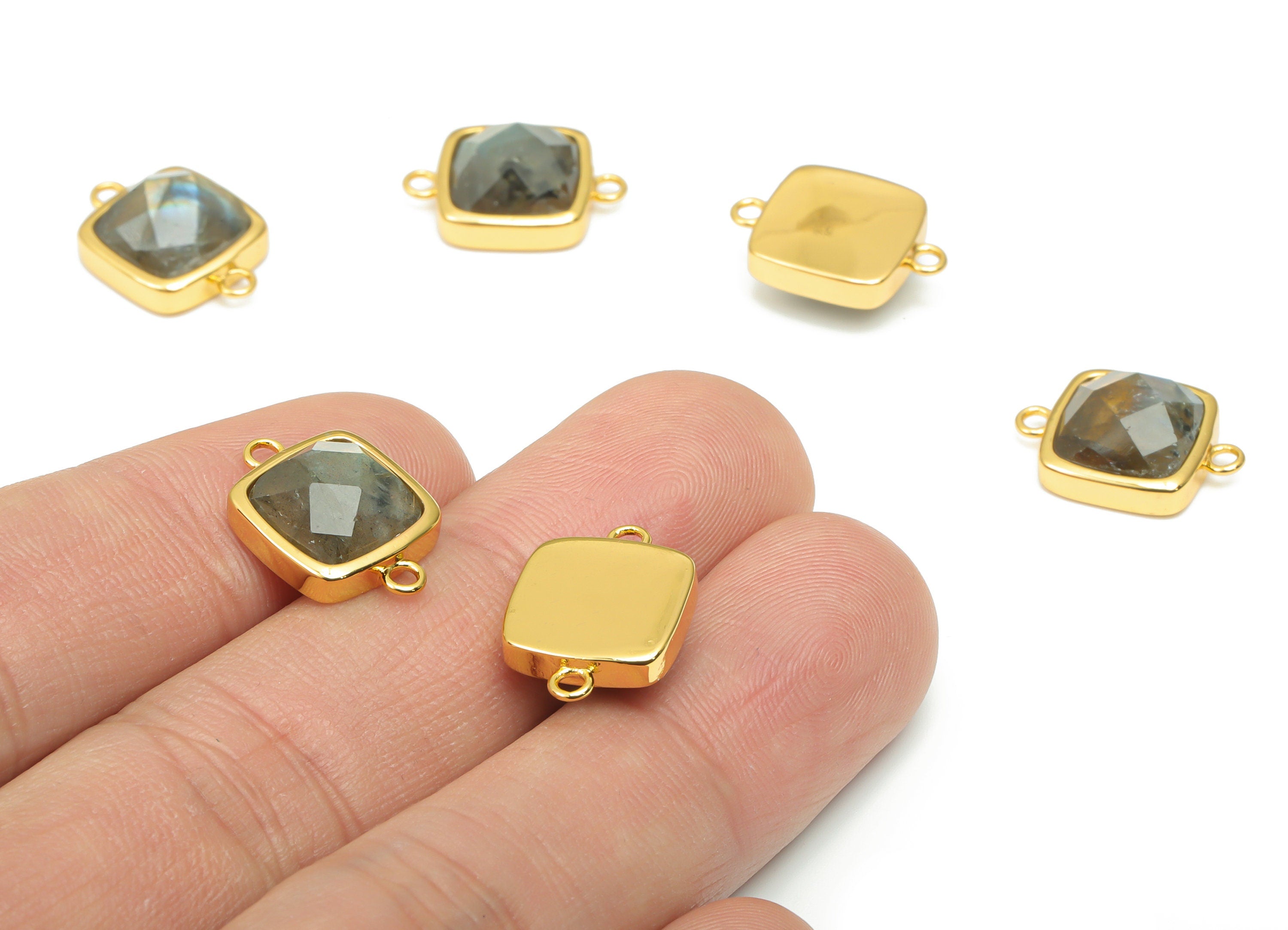 Gray Labradorite Faceted Square Connectors - 11mm Natural Stone - Brass Square Charms - Gold Tone Plated Brass – 16.5x11x5.9mm–NS1673L - DOMEDBAZAAR