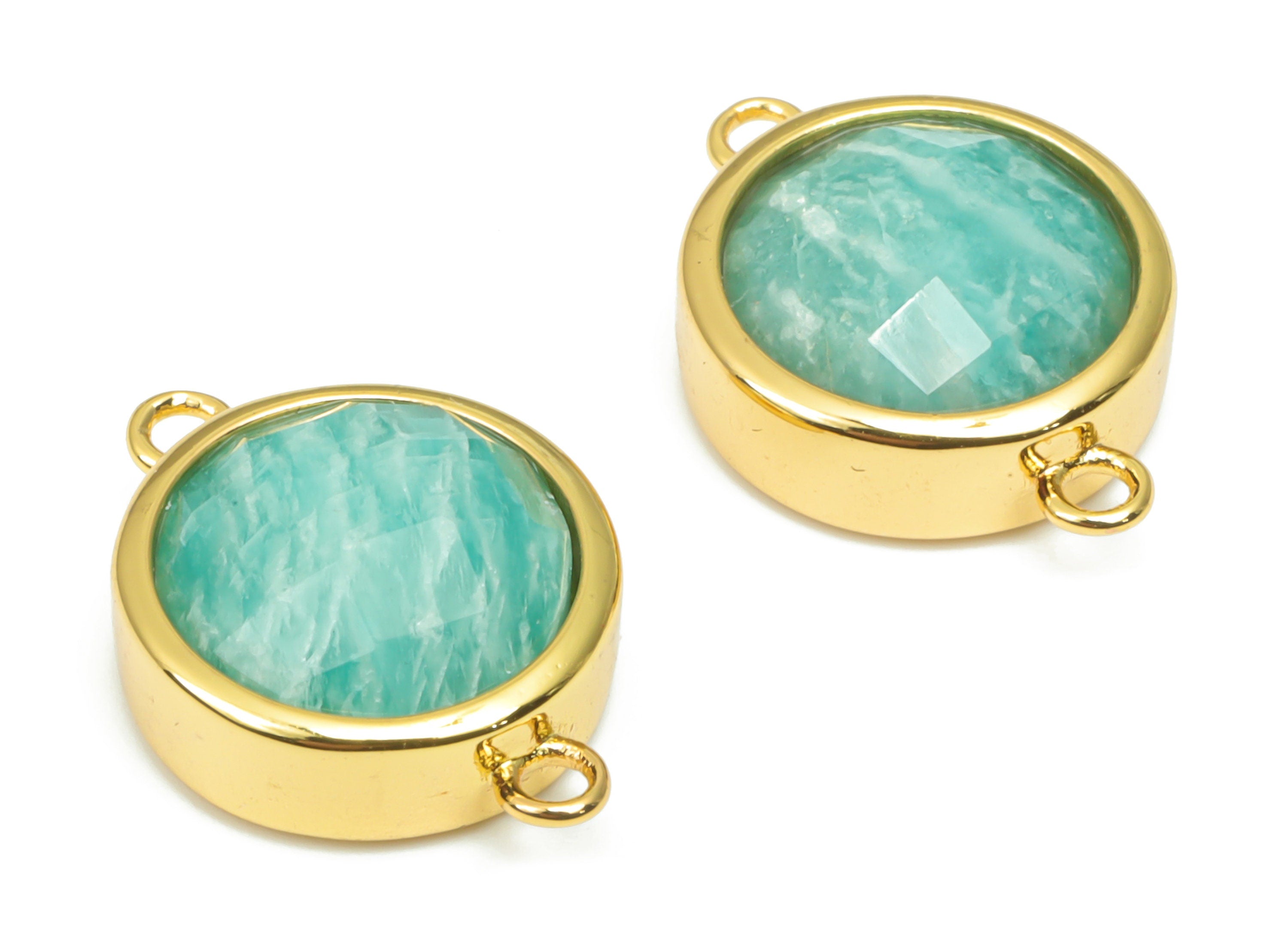 Amazonite Faceted Round Earring Connectors - 10mm Natural Stone - Brass Circle Charms - Gold Tone Plated Brass – 17.68x12.83x6mm – NS1667J - DOMEDBAZAAR