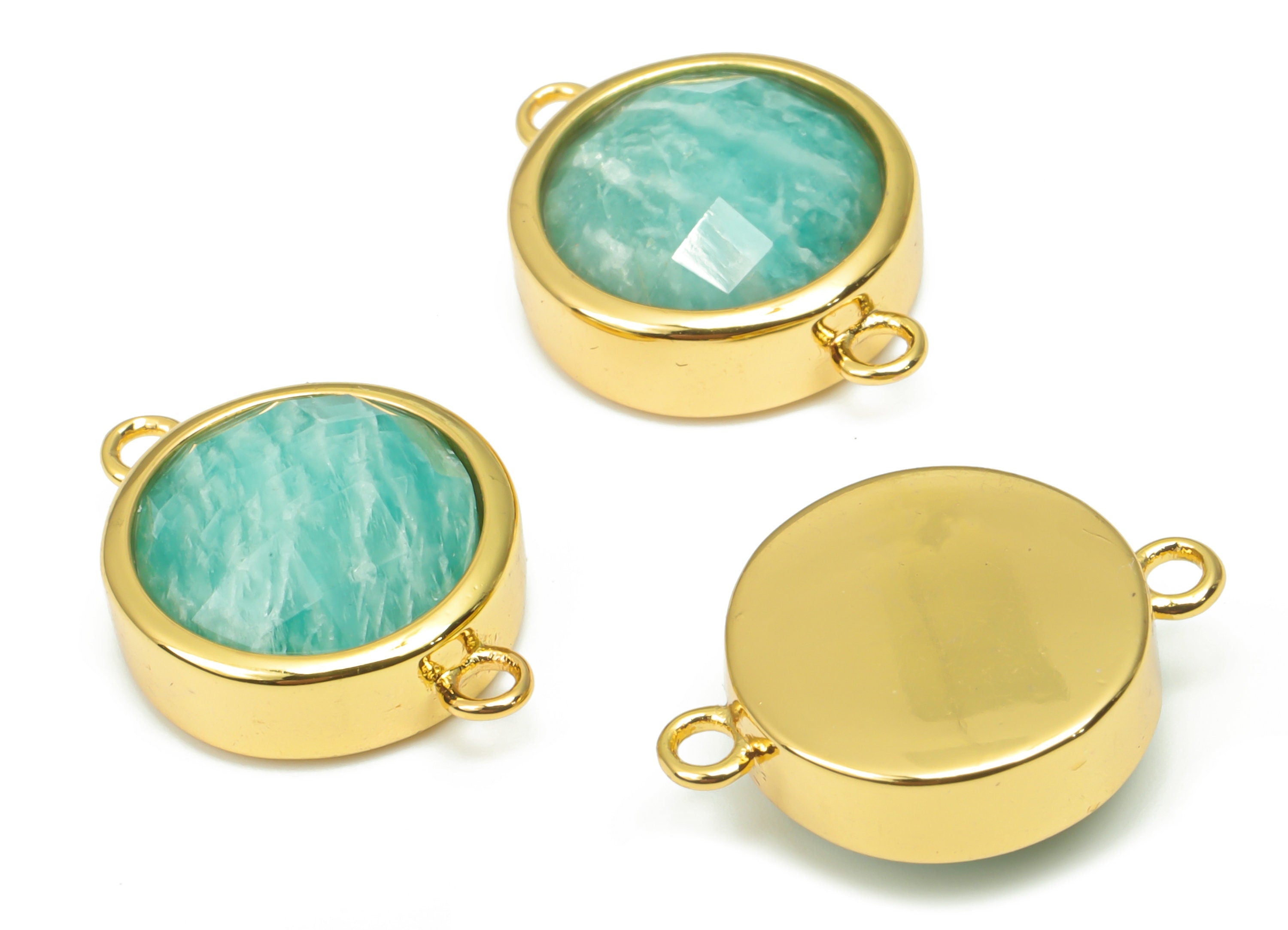 Amazonite Faceted Round Earring Connectors - 10mm Natural Stone - Brass Circle Charms - Gold Tone Plated Brass – 17.68x12.83x6mm – NS1667J - DOMEDBAZAAR