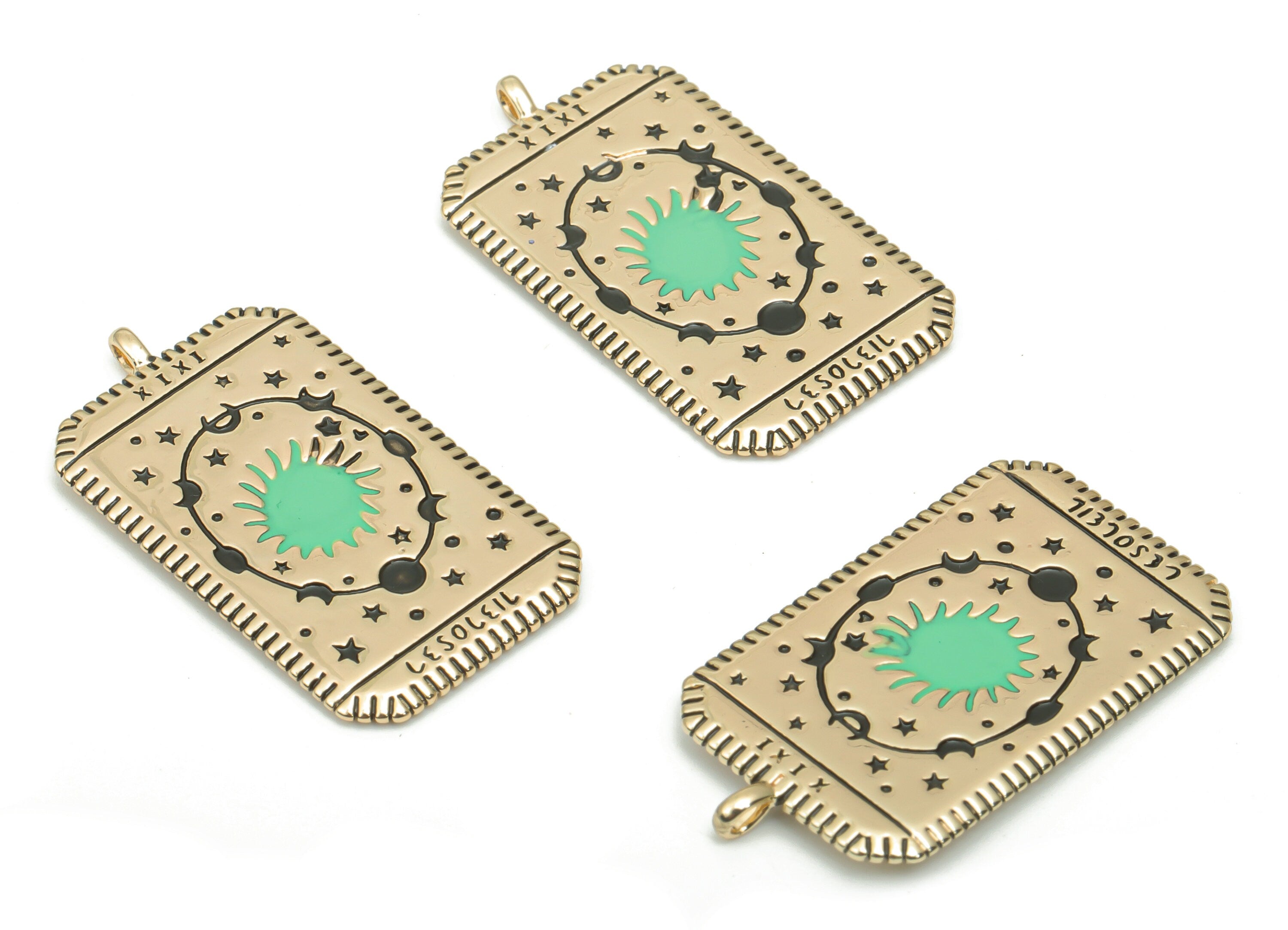 Brass Rectangle Oval Planet Crescent Earring Charms - Enamel Sun Moon Star Pendant - 18K Real Gold Plating - 27.66x15.41x1.26mm - RGP4350C - DOMEDBAZAAR