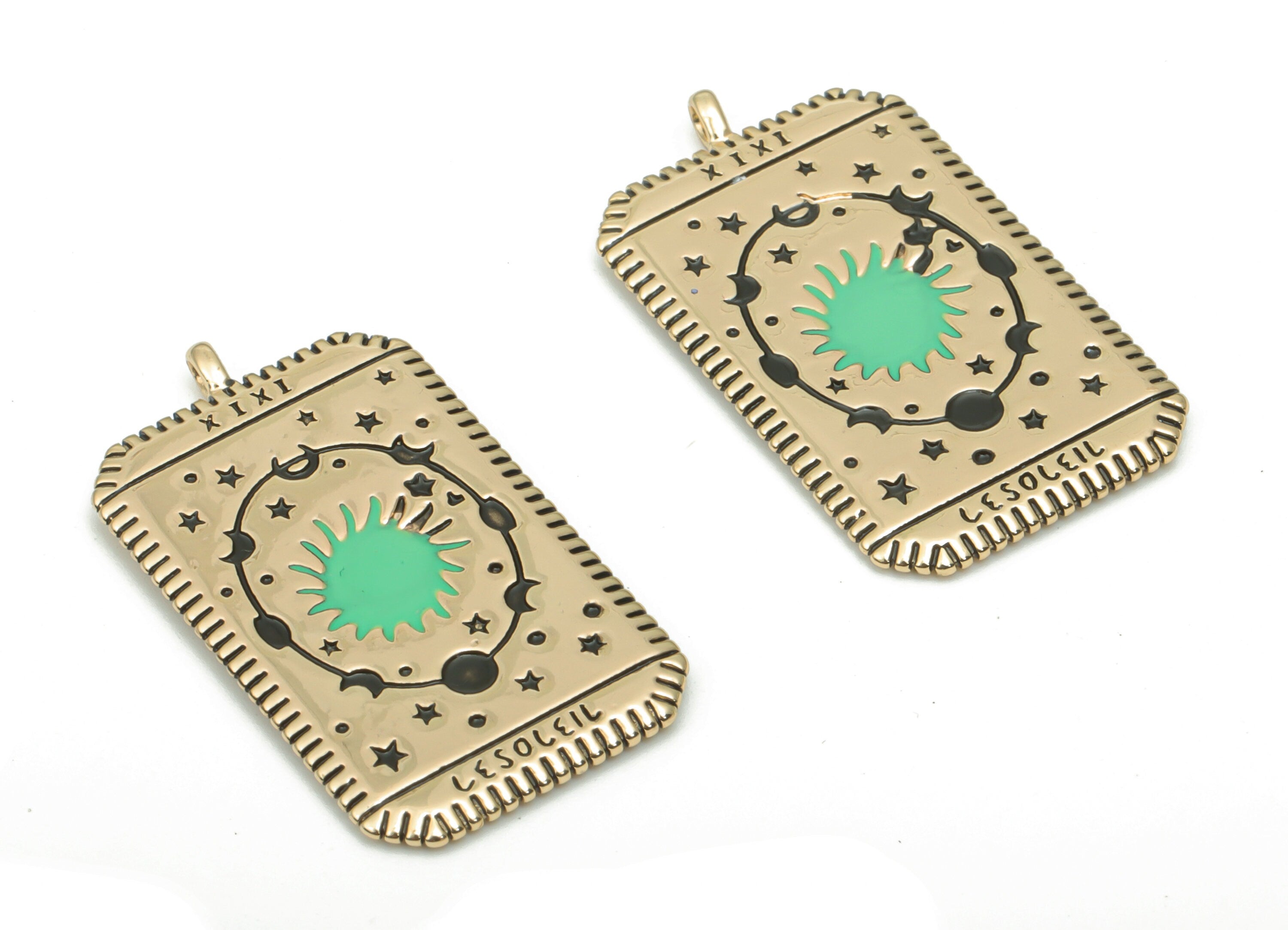 Brass Rectangle Oval Planet Crescent Earring Charms - Enamel Sun Moon Star Pendant - 18K Real Gold Plating - 27.66x15.41x1.26mm - RGP4350C - DOMEDBAZAAR