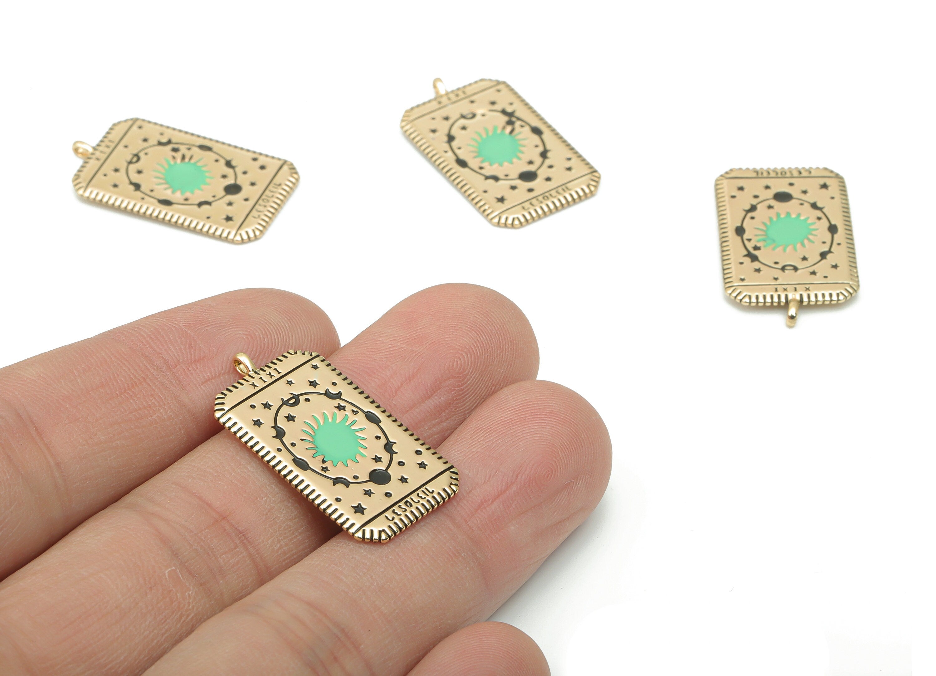 Brass Rectangle Oval Planet Crescent Earring Charms - Enamel Sun Moon Star Pendant - 18K Real Gold Plating - 27.66x15.41x1.26mm - RGP4350C - DOMEDBAZAAR