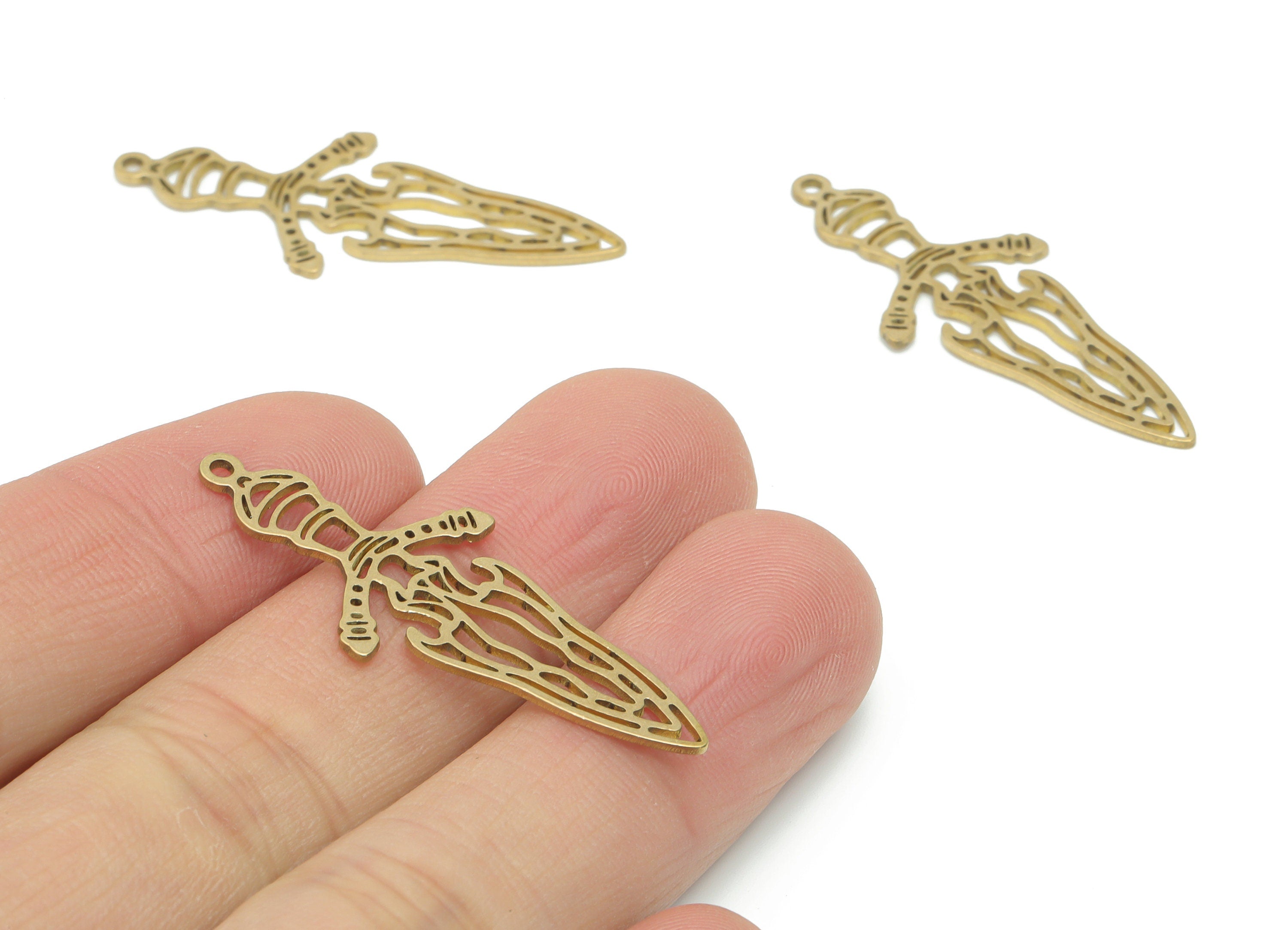 Brass Dagger Knife Earring Charms - Raw Brass Dagger Pendant - DIY Jewelry Making Supplies - 39.43x16.09x0.7mm - PPA2968 - DOMEDBAZAAR