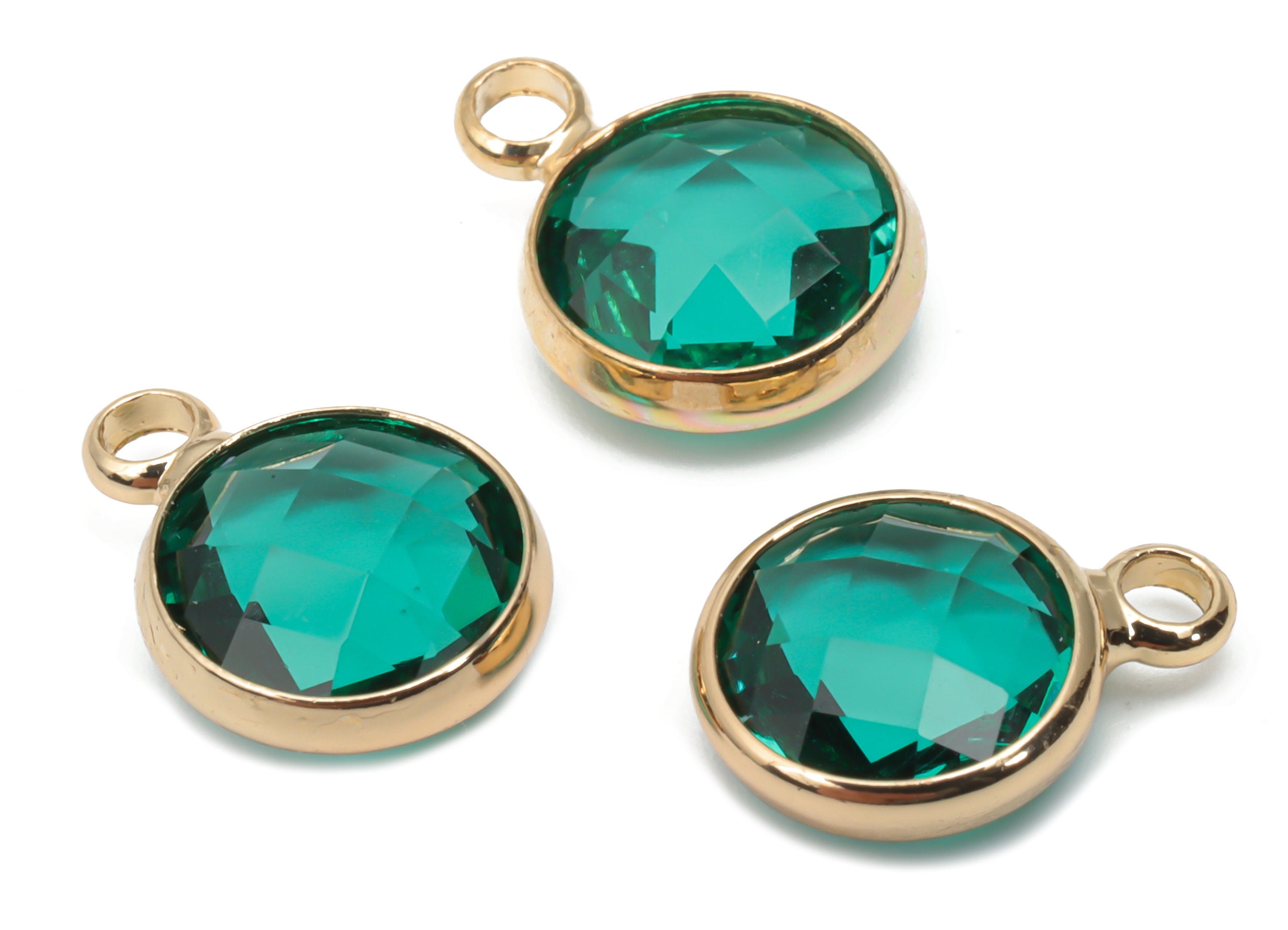 Glass Round Earring Charms With Loop - Brass Circle Frame Pendant - Gold Tone Plated Brass - Faceted Glass - 11.59x8.72x3.75mm - GS1120A - DOMEDBAZAAR