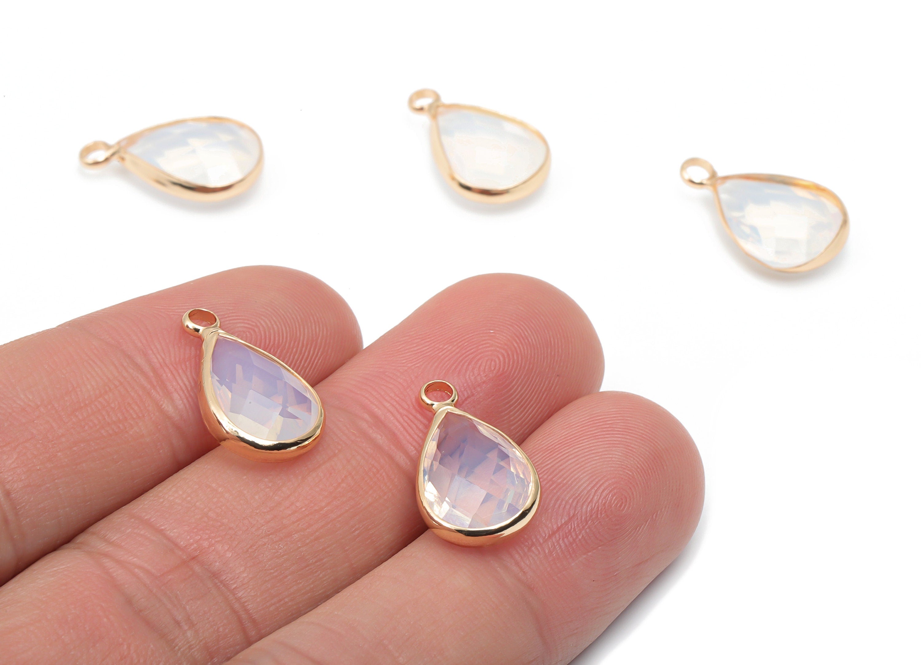 Glass Drop Earring Charms With Loop - Brass Teardrop Frame Pendant - Gold Tone Plated Brass - Faceted Glass - 18.24x10.68x5.29mm - GS1128 - DOMEDBAZAAR