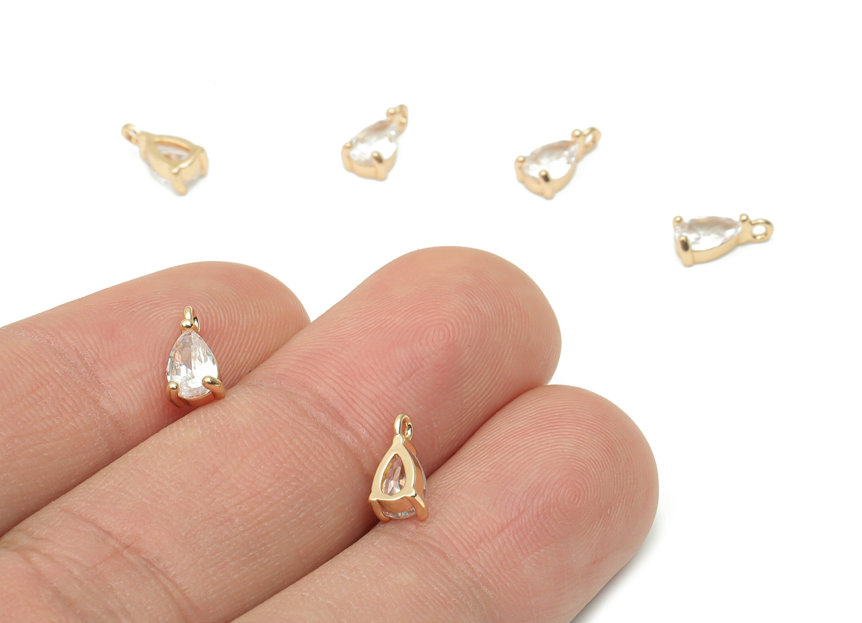 Glass Mini Drop Earring Charms With Loop - Brass Teardrop Frame Pendant - Gold Tone Plated Brass - Faceted Glass - 8.53x4.59x3.2mm - GS1092B - DOMEDBAZAAR