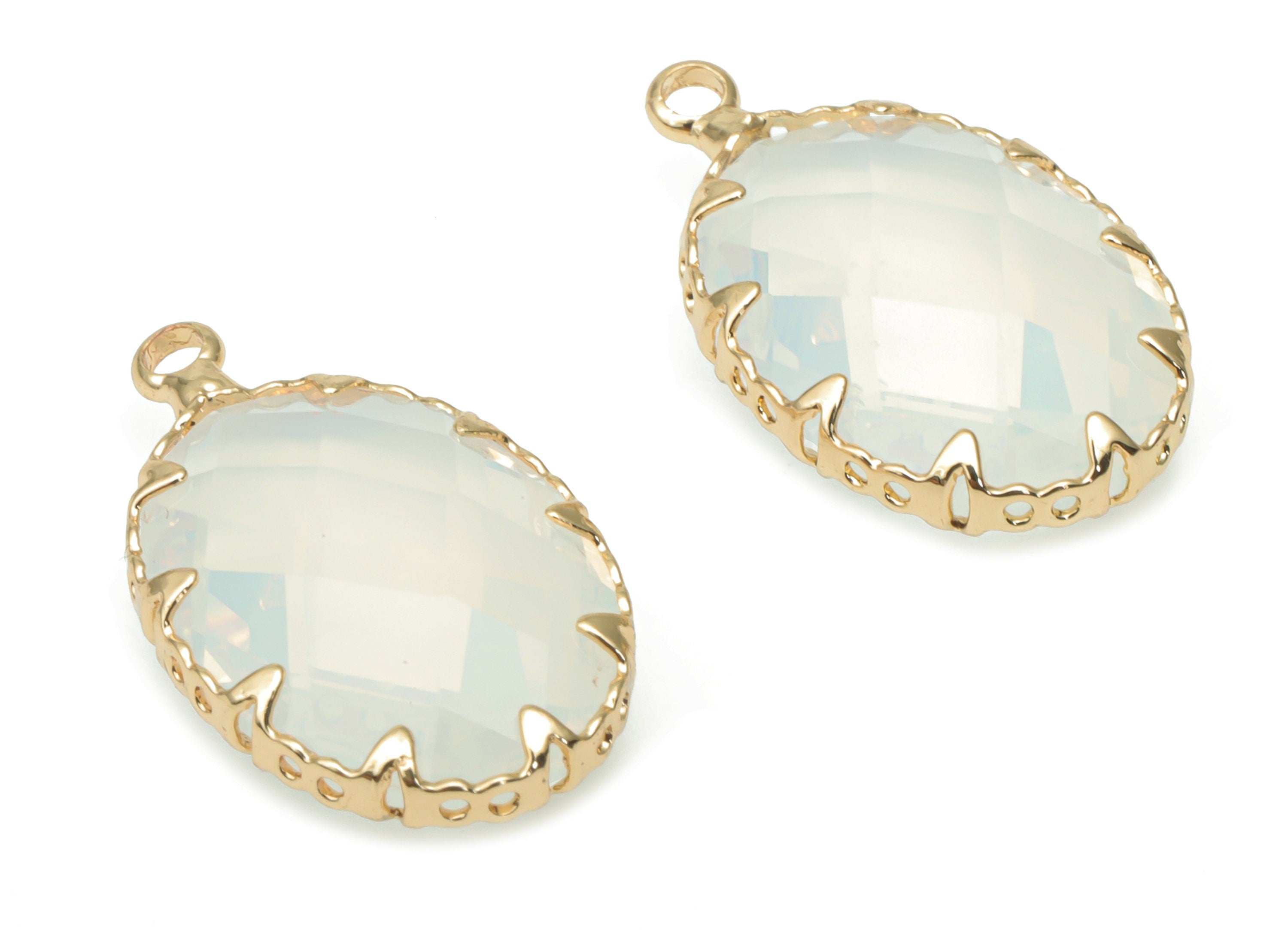 Glass Faceted Oval Earring Charms with Loop - Brass Oval Frame Pendant - Gold Tone Plated Brass - Faceted Glass - 22.5x13.59x6.2mm - GS1115A - DOMEDBAZAAR