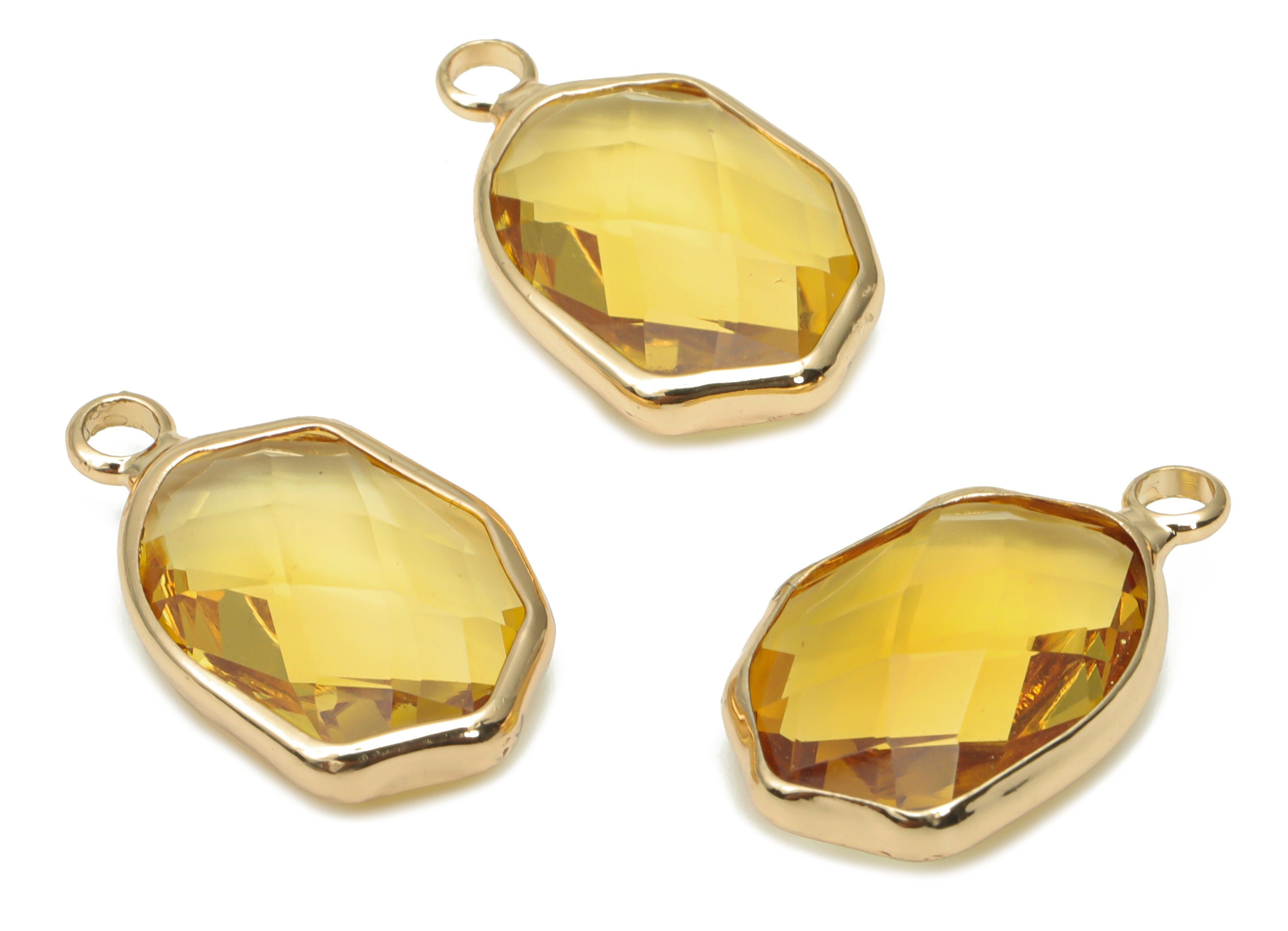 Glass Geometry Loop Earring Charms - Brass Irregular Frame Pendant - Gold Tone Plated Brass - Faceted Glass - 19.86x11.97x5mm - GS1109B - DOMEDBAZAAR