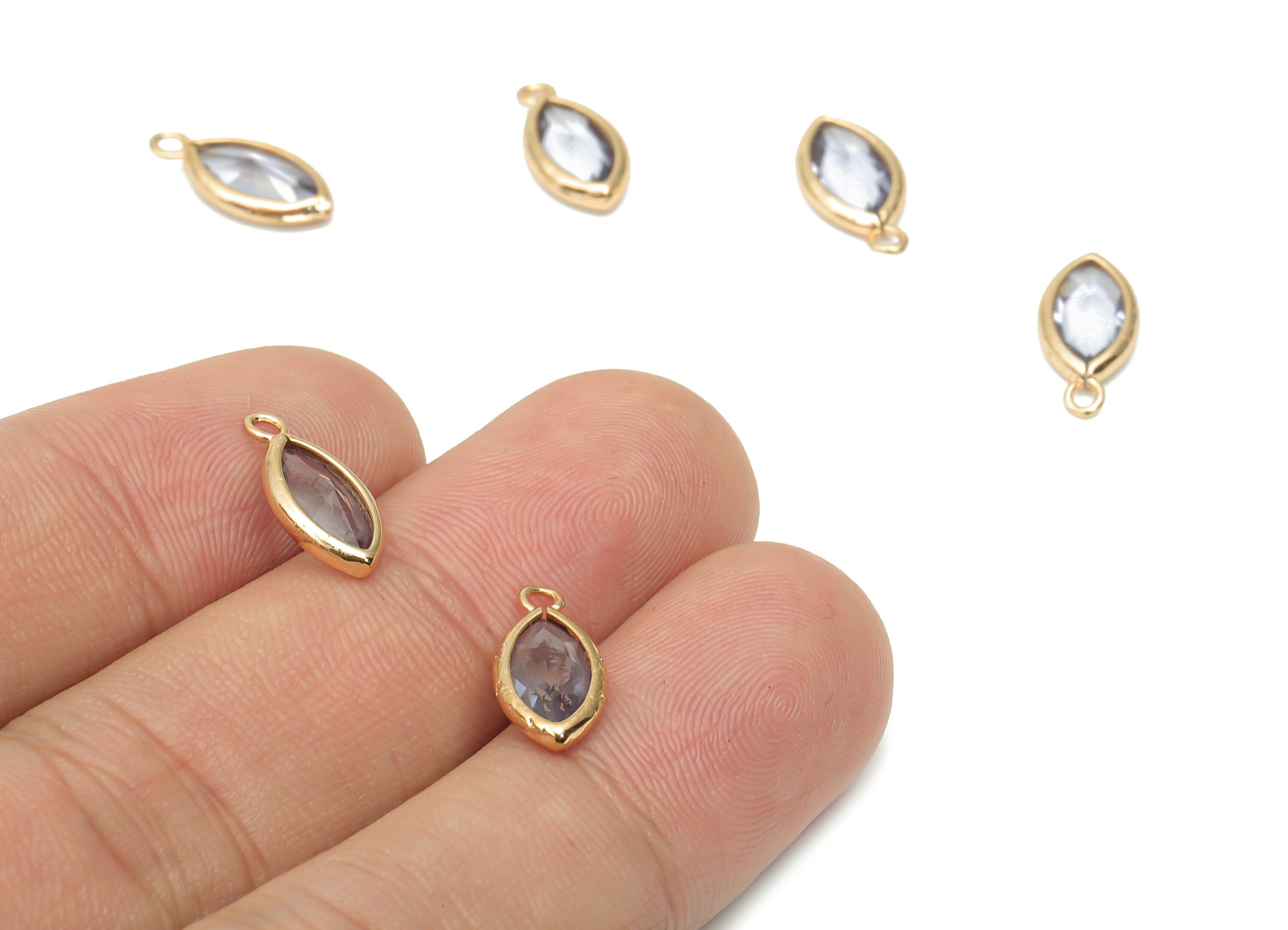 Glass Marquise Loop Earring Charms - Brass Oval Frame Pendant - Gold Tone Plated Brass - Faceted Glass - 15.4x8.47x4.24mm - GS1100B - DOMEDBAZAAR