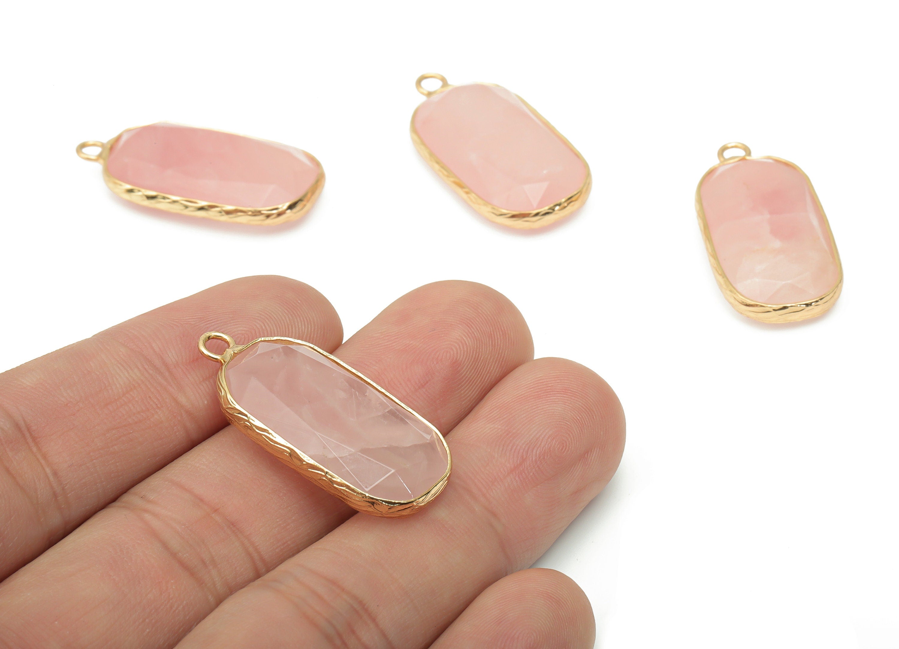 Rose Quartz Crystal Faceted Earring Charms - Brass Rectangle Pendant - Natural Stone - Gold Tone Plated Brass – 31.1x15.54x5.95mm – NS1700B - DOMEDBAZAAR