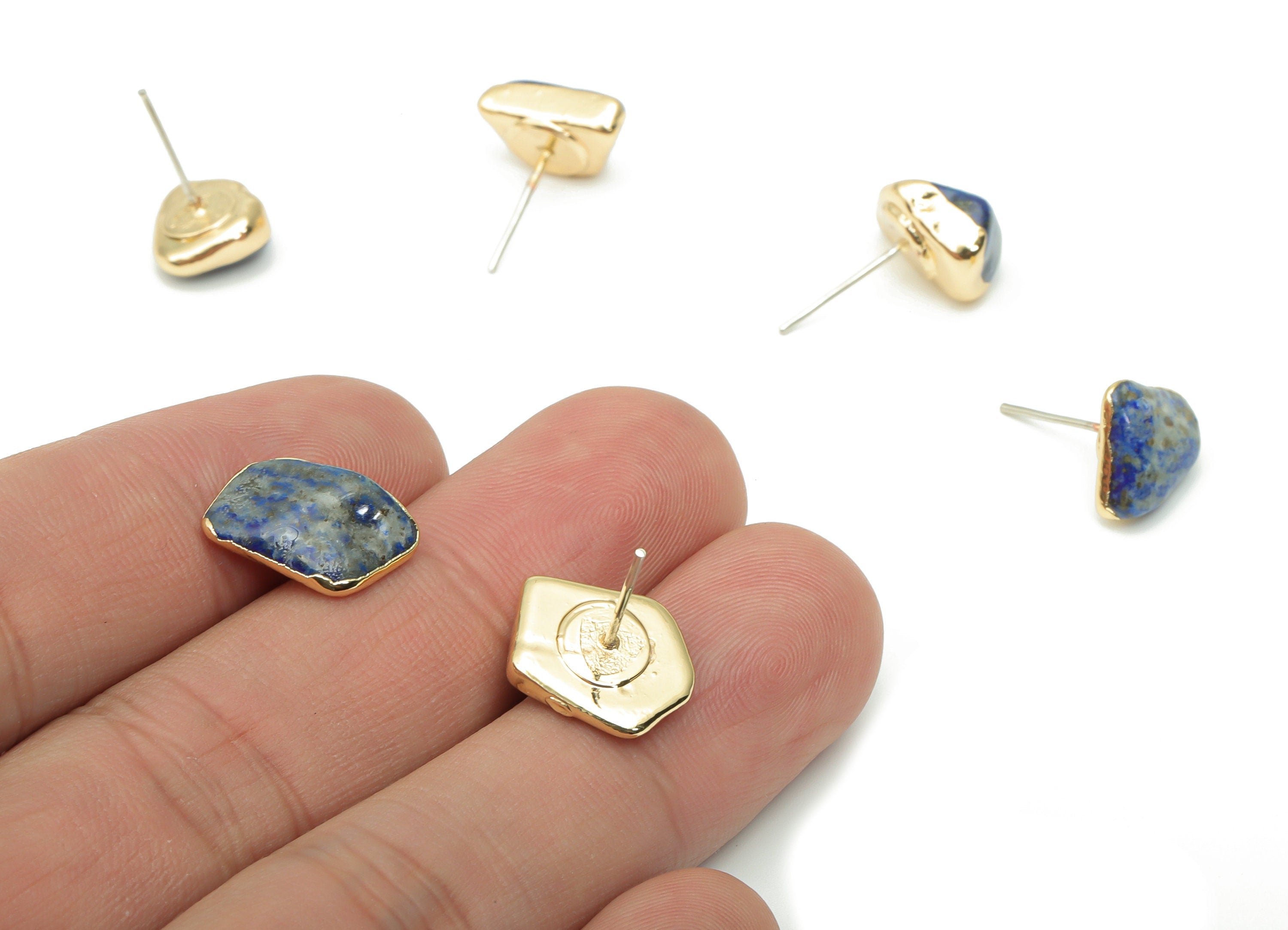 Lapis Lazuli Earring Stud - Brass Stone Earring Post - Gold Tone Plated Stone – Stainless Steel Stud - 13.4x9.18x4.37mm – NS1703D - DOMEDBAZAAR