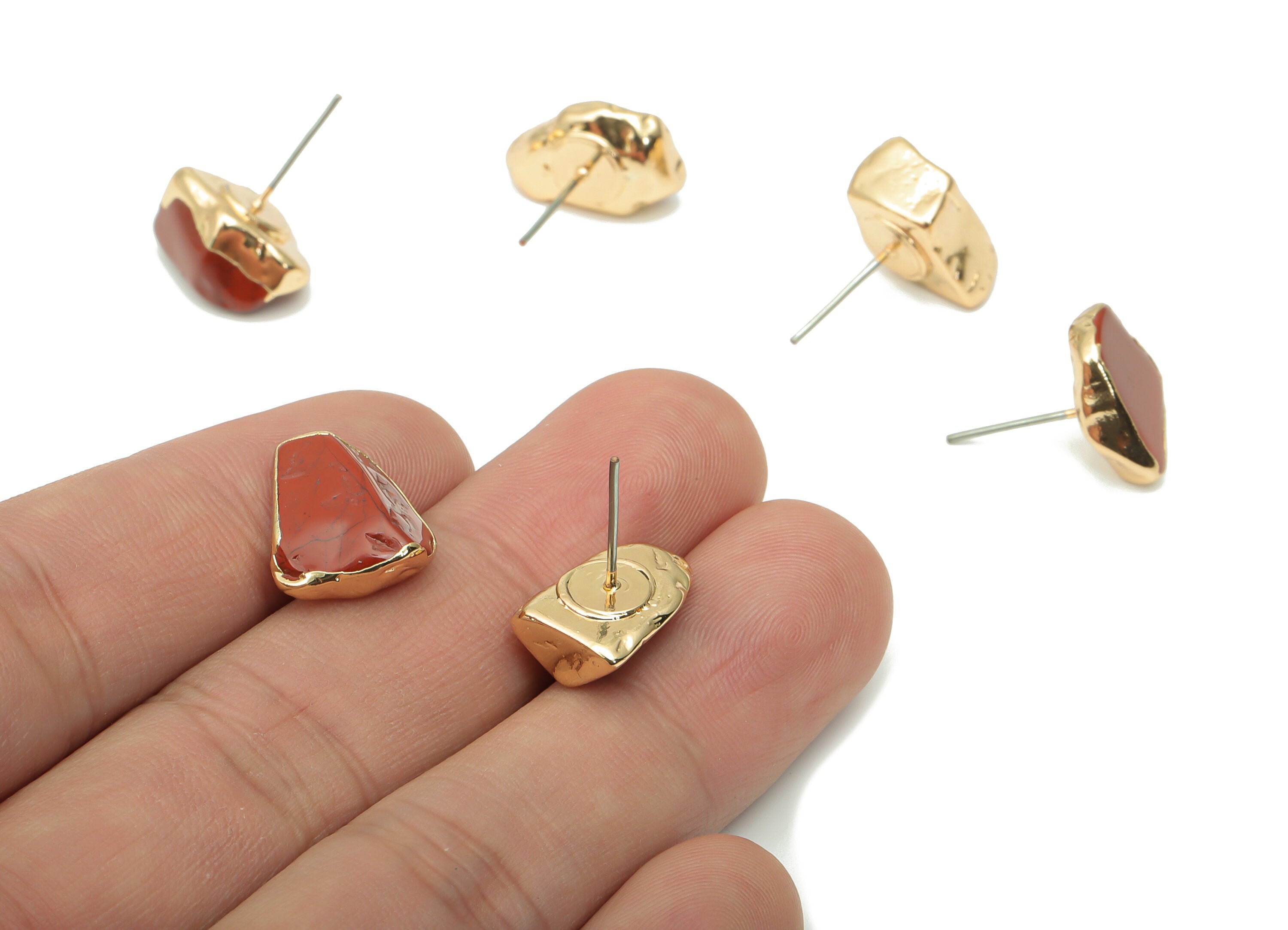 Carnelian Stone Earring Stud - Brass Stone Earring Post - Gold Tone Plated Stone – Stainless Steel Stud - 15x10.11x10mm – NS1703A - DOMEDBAZAAR