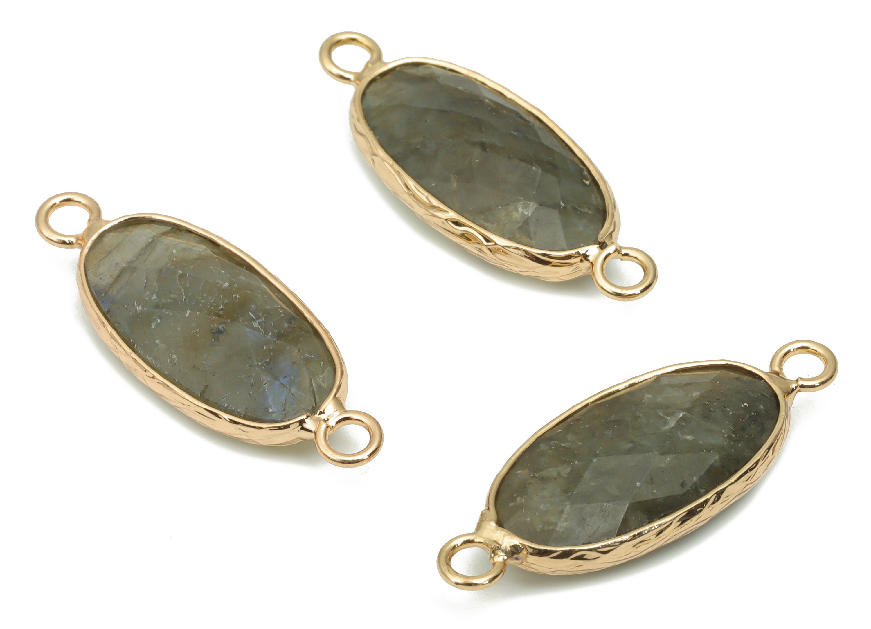 Labradorite Long Oval Earring Connector - Brass Oval Charms and Bracelet - Natural Stone - Gold Tone Plated Brass – 29.9x11.5x5.8mm- NS1698E - DOMEDBAZAAR