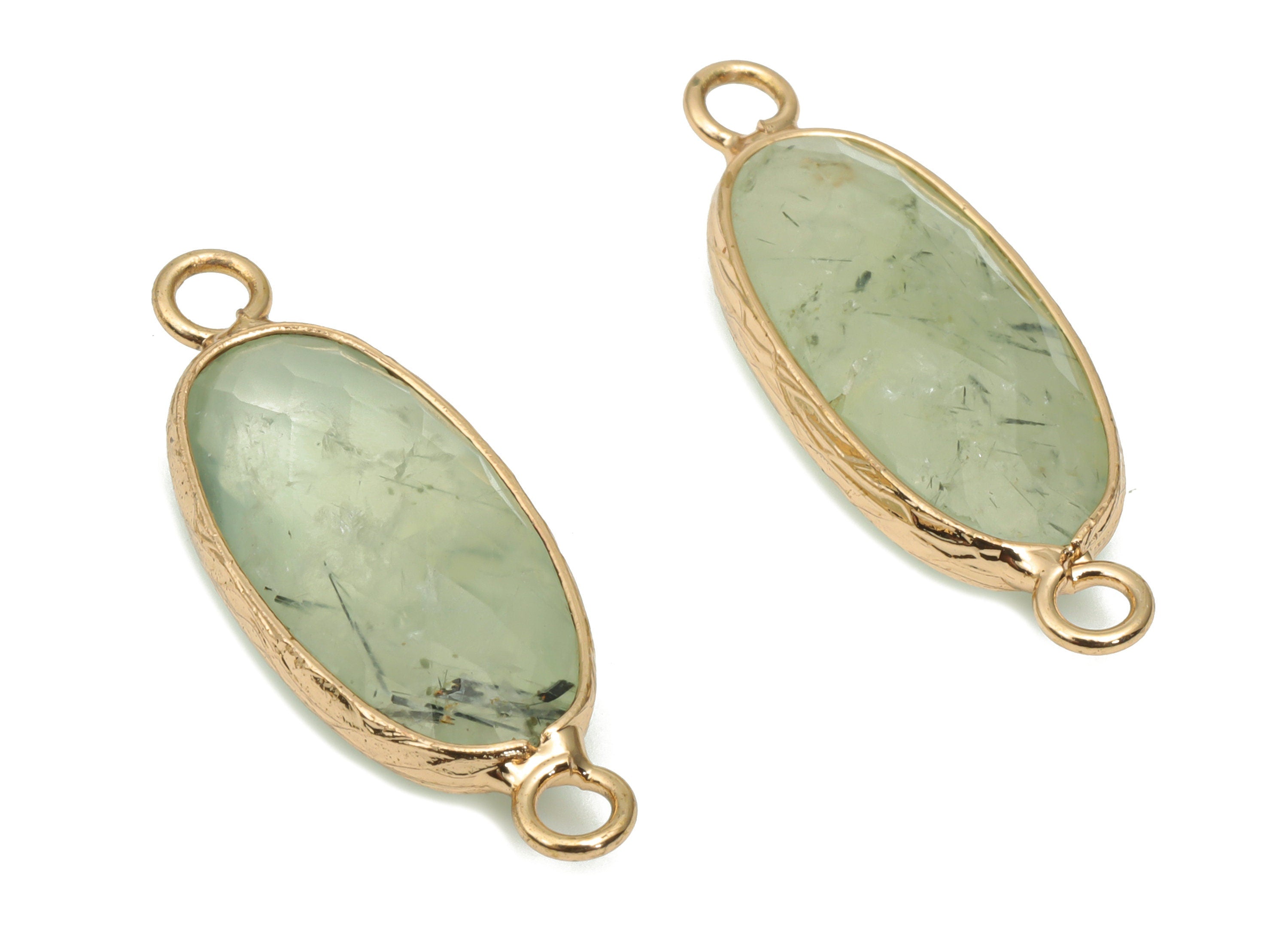 Prehnite Long Oval Earring Connector - Brass Oval Charms and Bracelet - Natural Stone - Gold Tone Plated Brass – 29.9x11.5x5.8mm - NS1698D - DOMEDBAZAAR