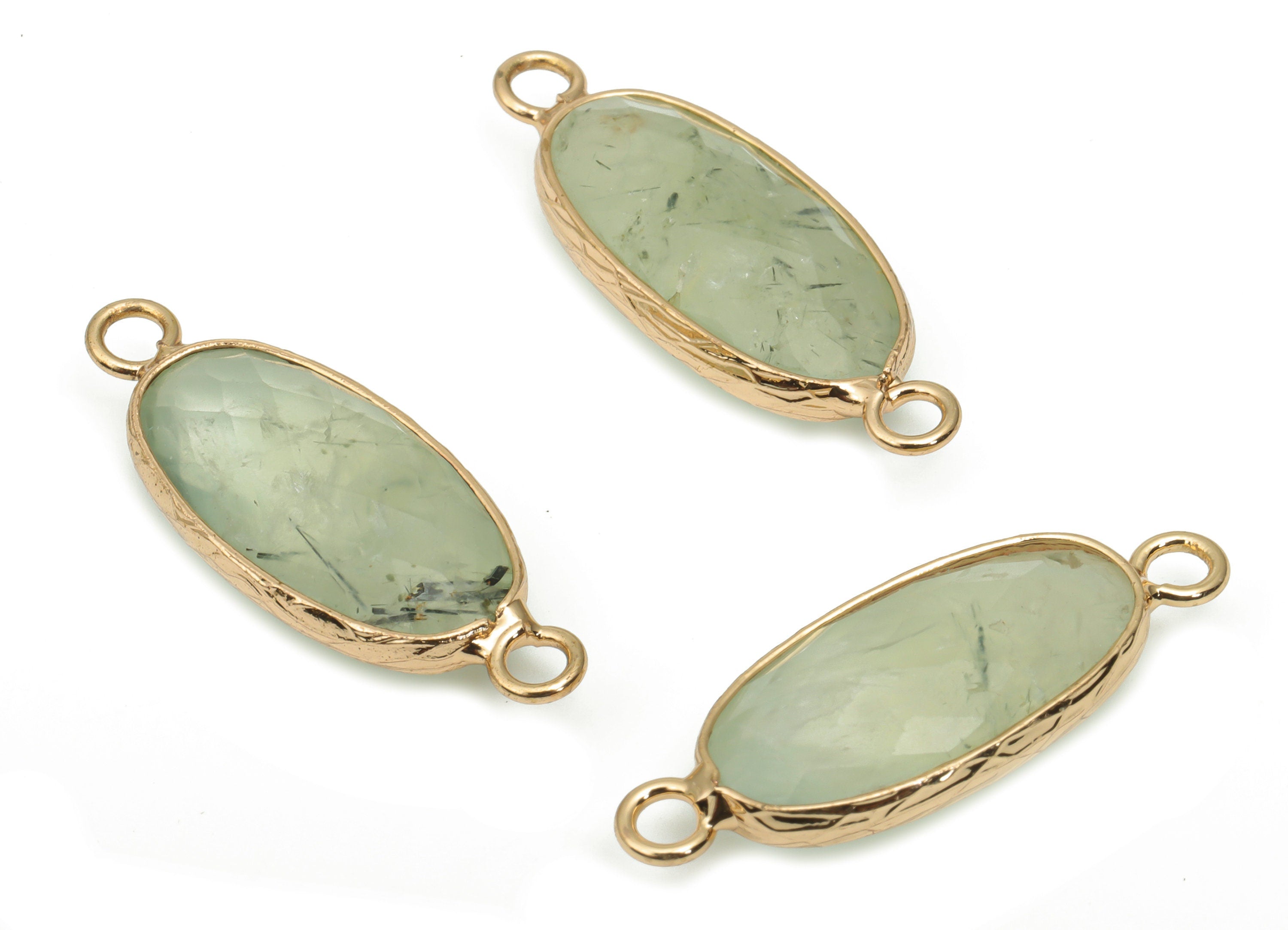 Prehnite Long Oval Earring Connector - Brass Oval Charms and Bracelet - Natural Stone - Gold Tone Plated Brass – 29.9x11.5x5.8mm - NS1698D - DOMEDBAZAAR