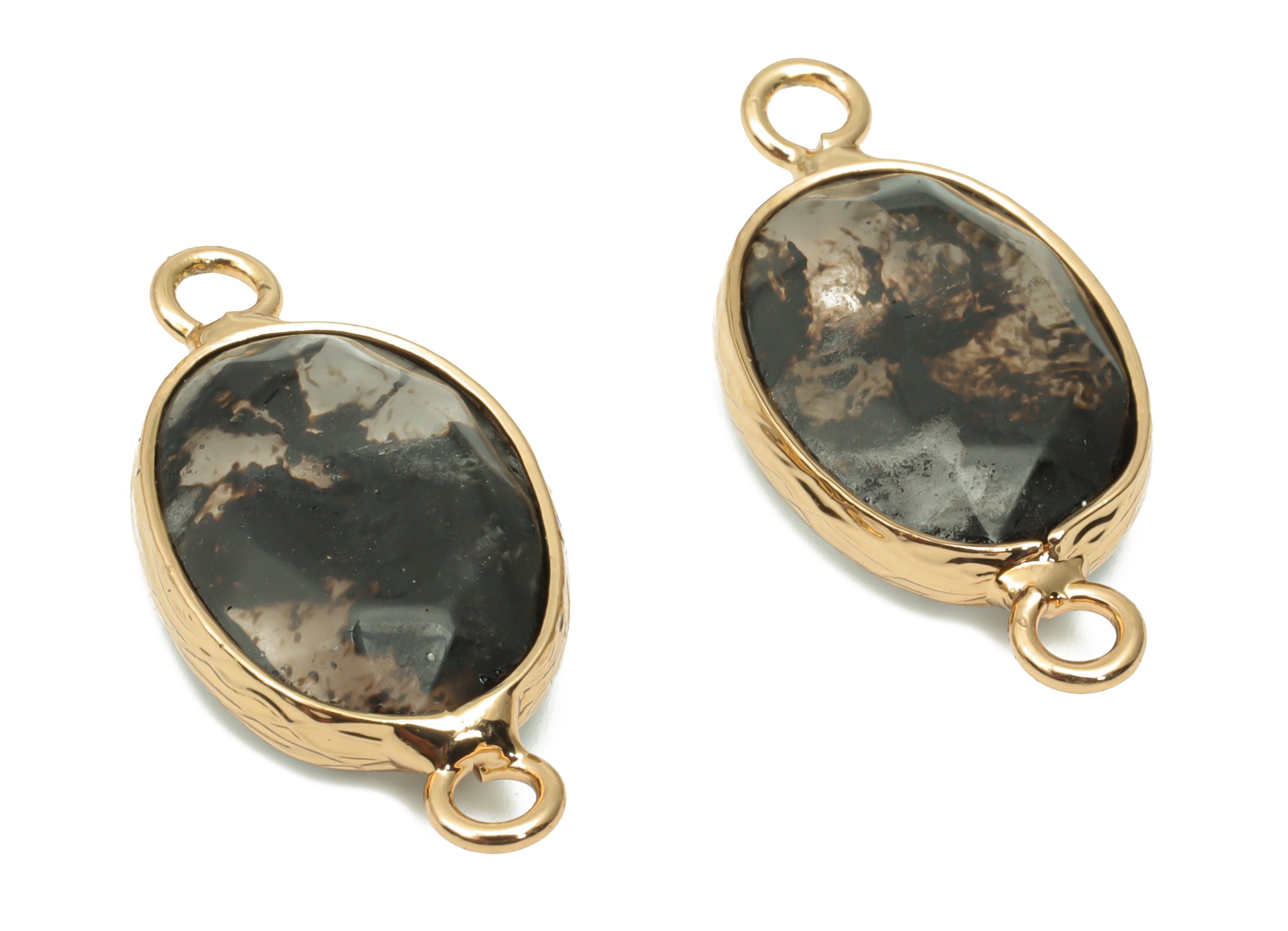 Black Tourmaline Oval Earring Connector - Brass Oval Charms and Bracelet - Natural Stone - Gold Tone Plated Brass – 25.5x12.7x5.6mm - NS1693 - DOMEDBAZAAR