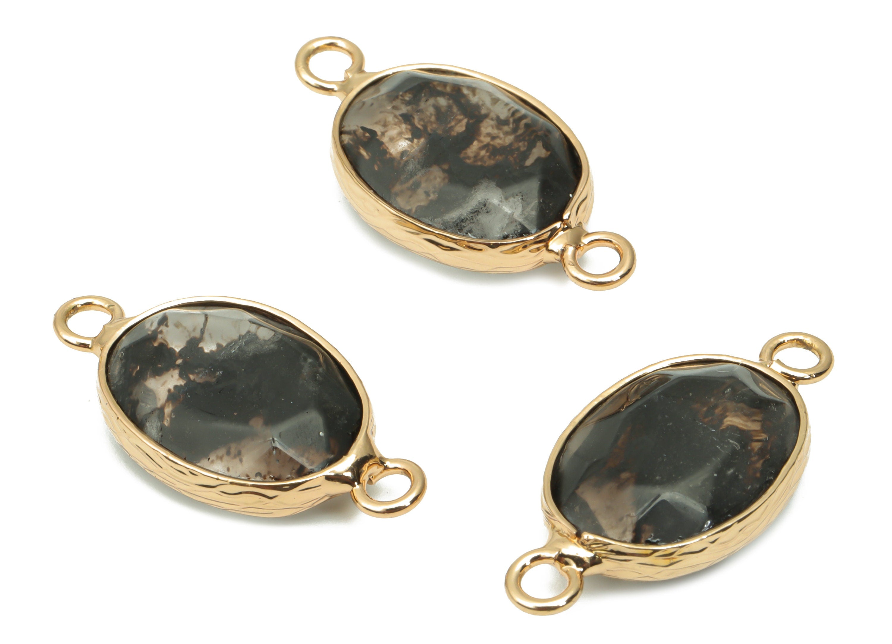 Black Tourmaline Oval Earring Connector - Brass Oval Charms and Bracelet - Natural Stone - Gold Tone Plated Brass – 25.5x12.7x5.6mm - NS1693 - DOMEDBAZAAR