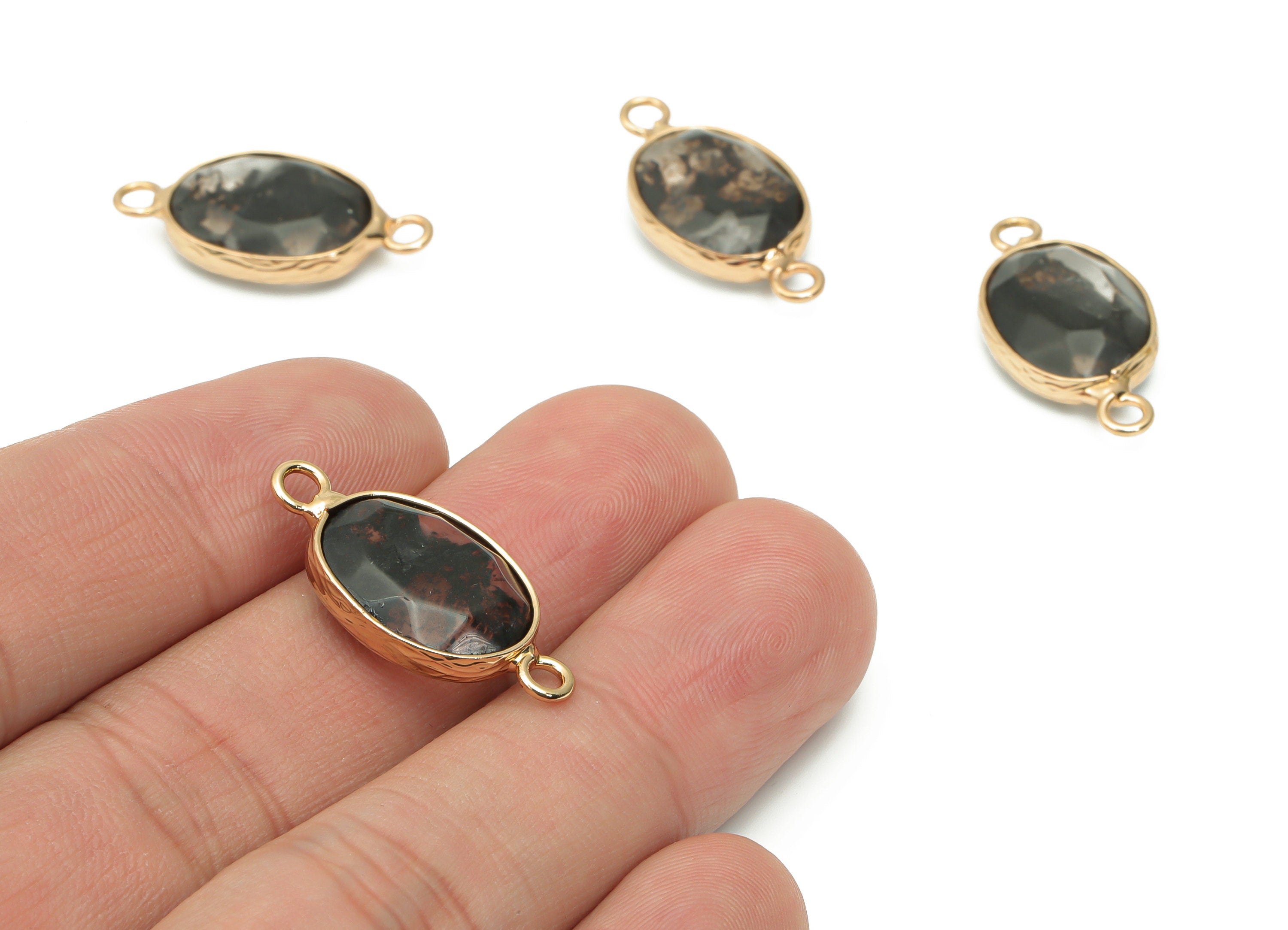 Black Tourmaline Oval Earring Connector - Brass Oval Charms and Bracelet - Natural Stone - Gold Tone Plated Brass – 25.5x12.7x5.6mm - NS1693 - DOMEDBAZAAR