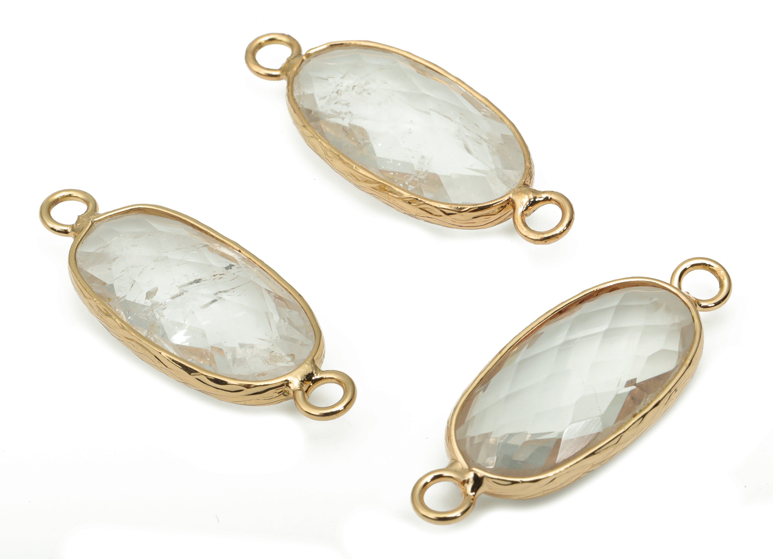 Clear Quartz Long Oval Earring Connector - Brass Oval Charms and Bracelet - Natural Stone - Gold Tone Plated Brass – 29.9x11.5x5.8mm-NS1698B - DOMEDBAZAAR