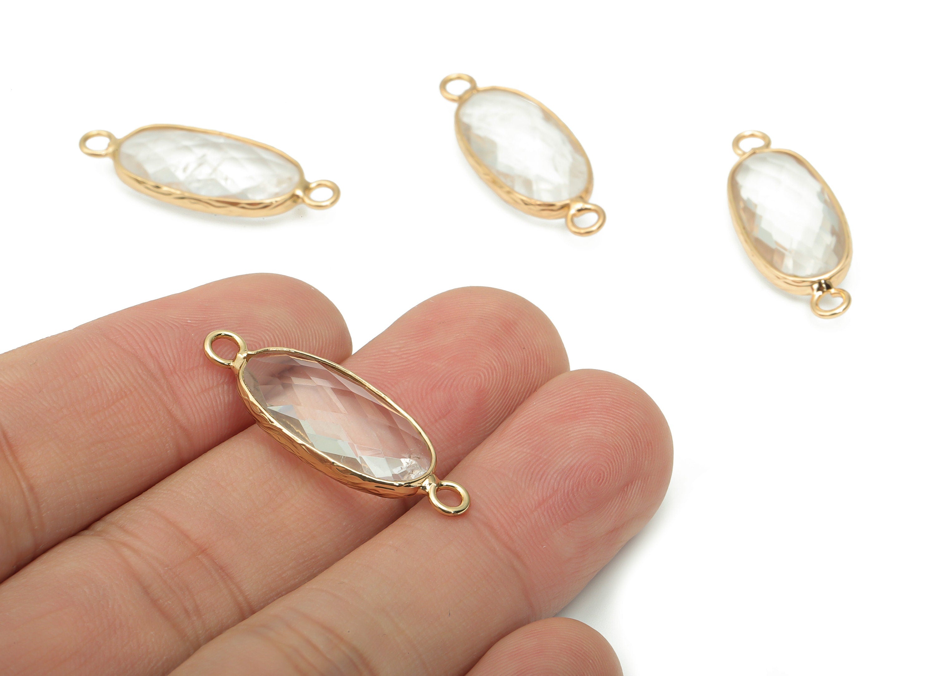 Clear Quartz Long Oval Earring Connector - Brass Oval Charms and Bracelet - Natural Stone - Gold Tone Plated Brass – 29.9x11.5x5.8mm-NS1698B - DOMEDBAZAAR