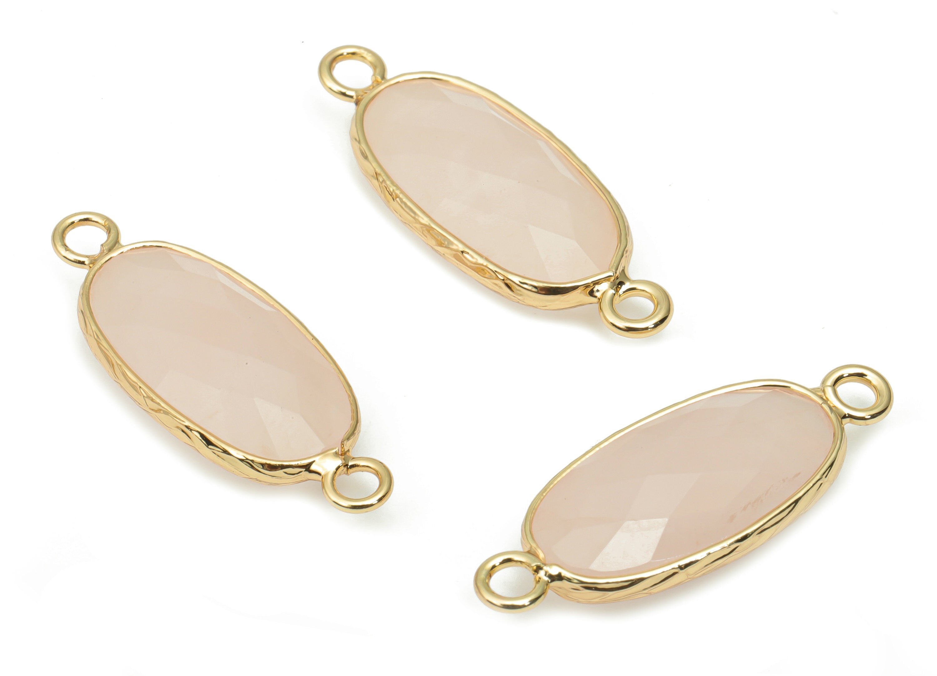 Rose Quartz Crystal Long Oval Connector - Brass Oval Charms and Bracelet - Natural Stone - Gold Tone Plated Brass – 29.9x11.5x5.8mm- NS1698C - DOMEDBAZAAR