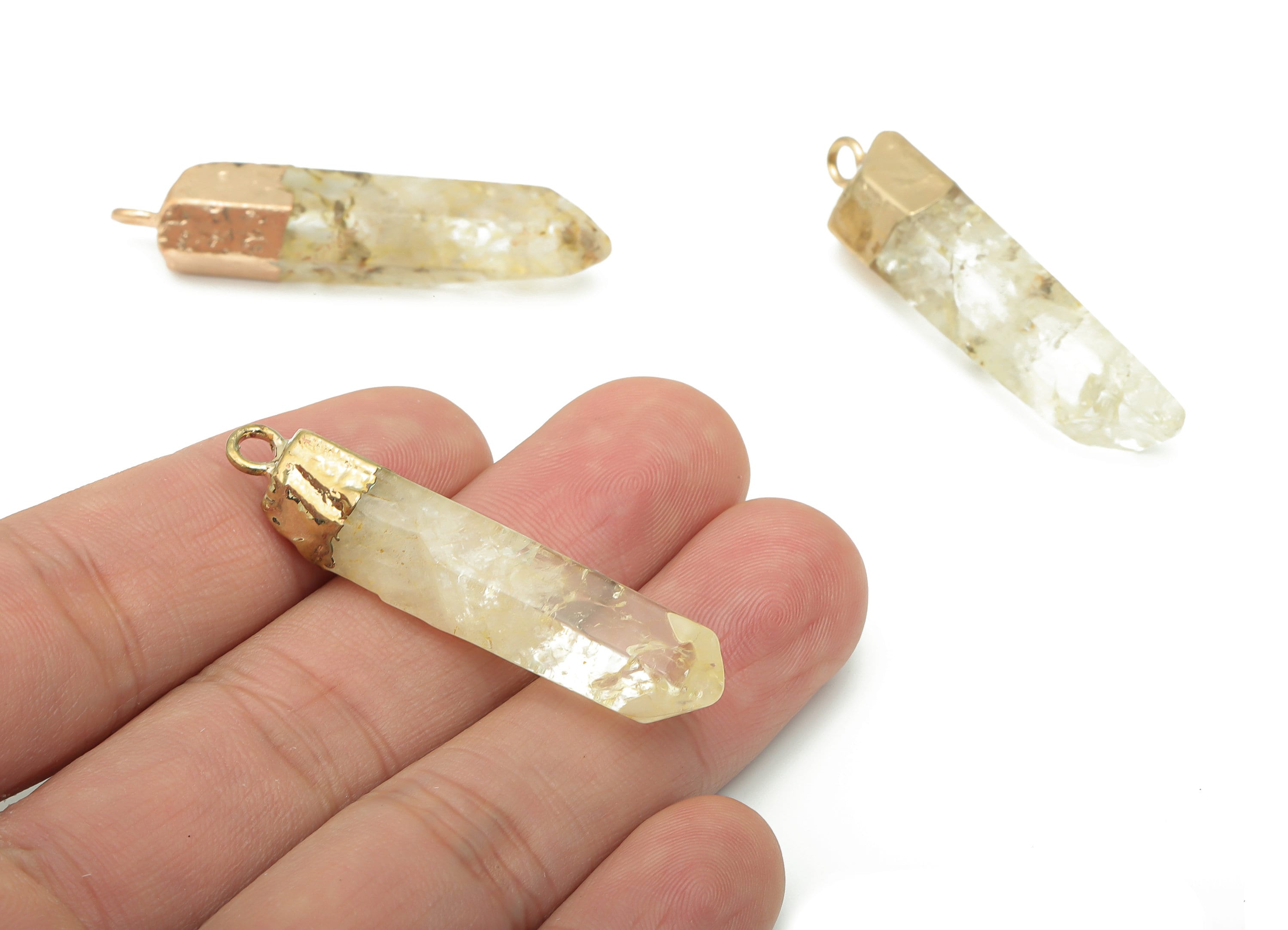 Yellow Quartz Crystal Spike Earring Charms - Brass Strip Pendant - Natural Stone - Gold Tone Plated Stone – 46.61x11.6x8.97mm – NS1701A - DOMEDBAZAAR