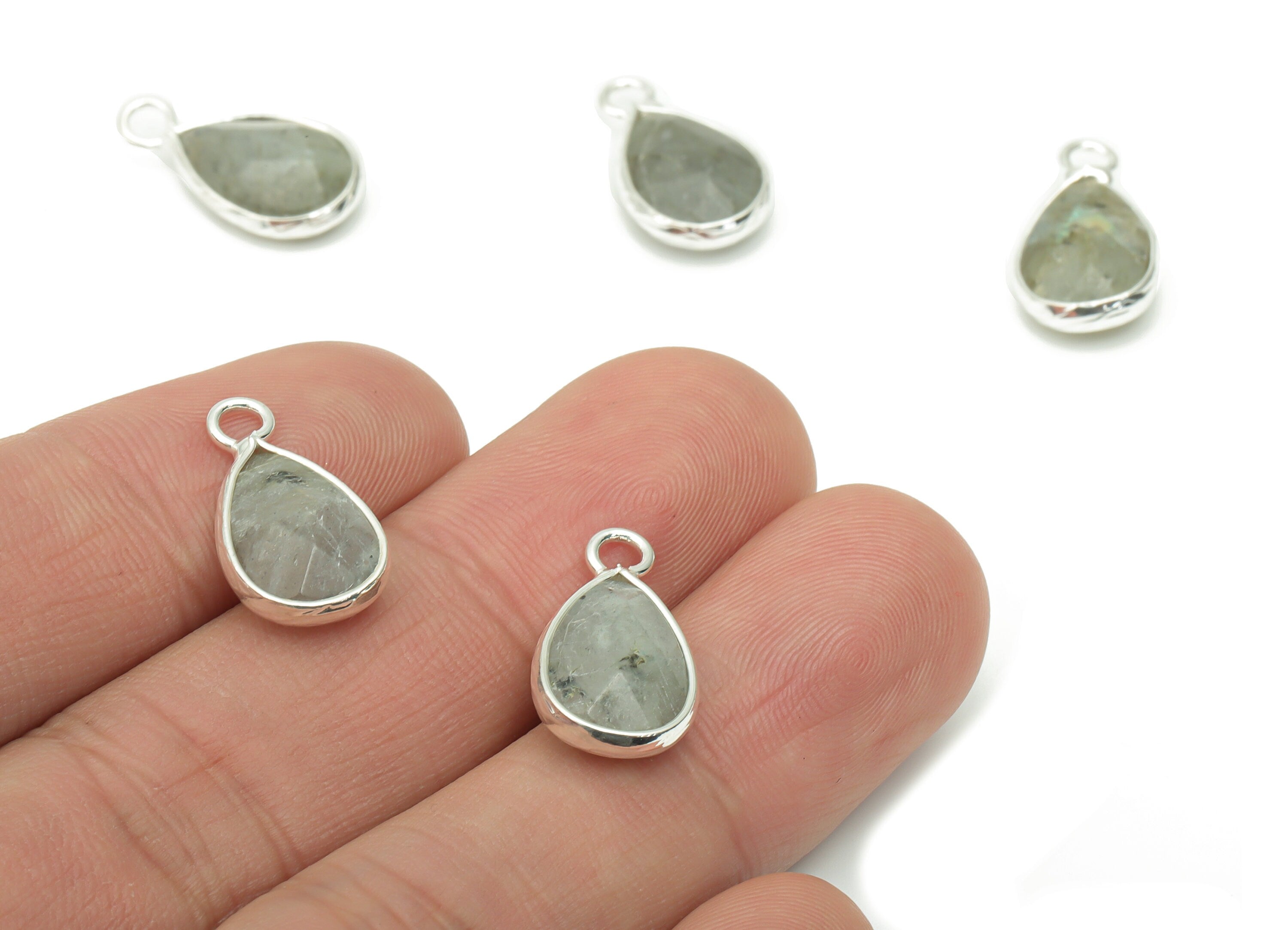 Labradorite Drop Earring Charms - Brass Teardrop Pendant - Natural Stone - Silver Tone Plated Brass – 17.97x9.61x4.55mm – NS1690E - DOMEDBAZAAR