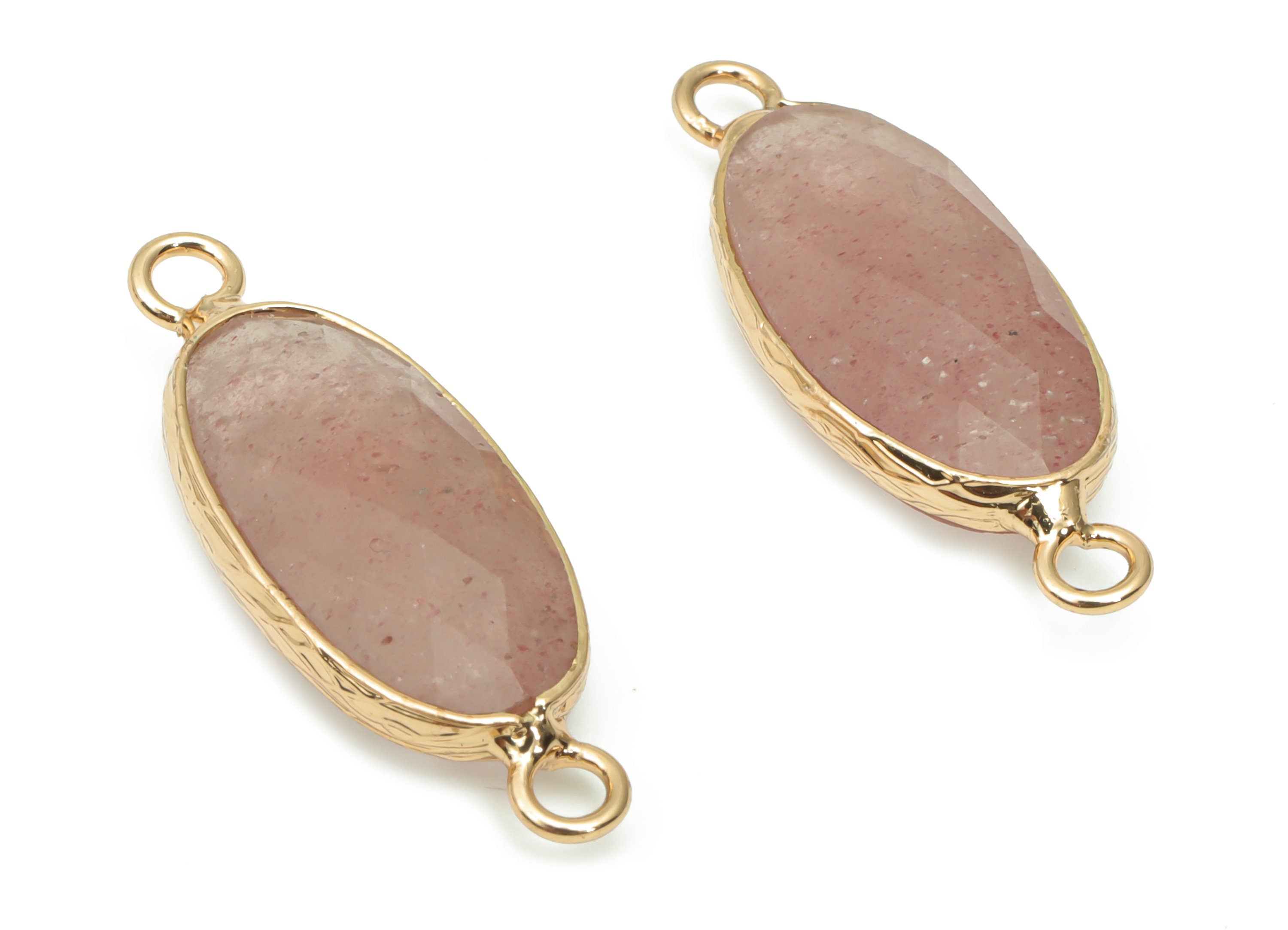 Strawberry Quartz Long Oval Connector - Brass Oval Charms and Bracelet - Natural Stone - Gold Tone Plated Brass – 29.9x11.5x5.8mm - NS1698A - DOMEDBAZAAR